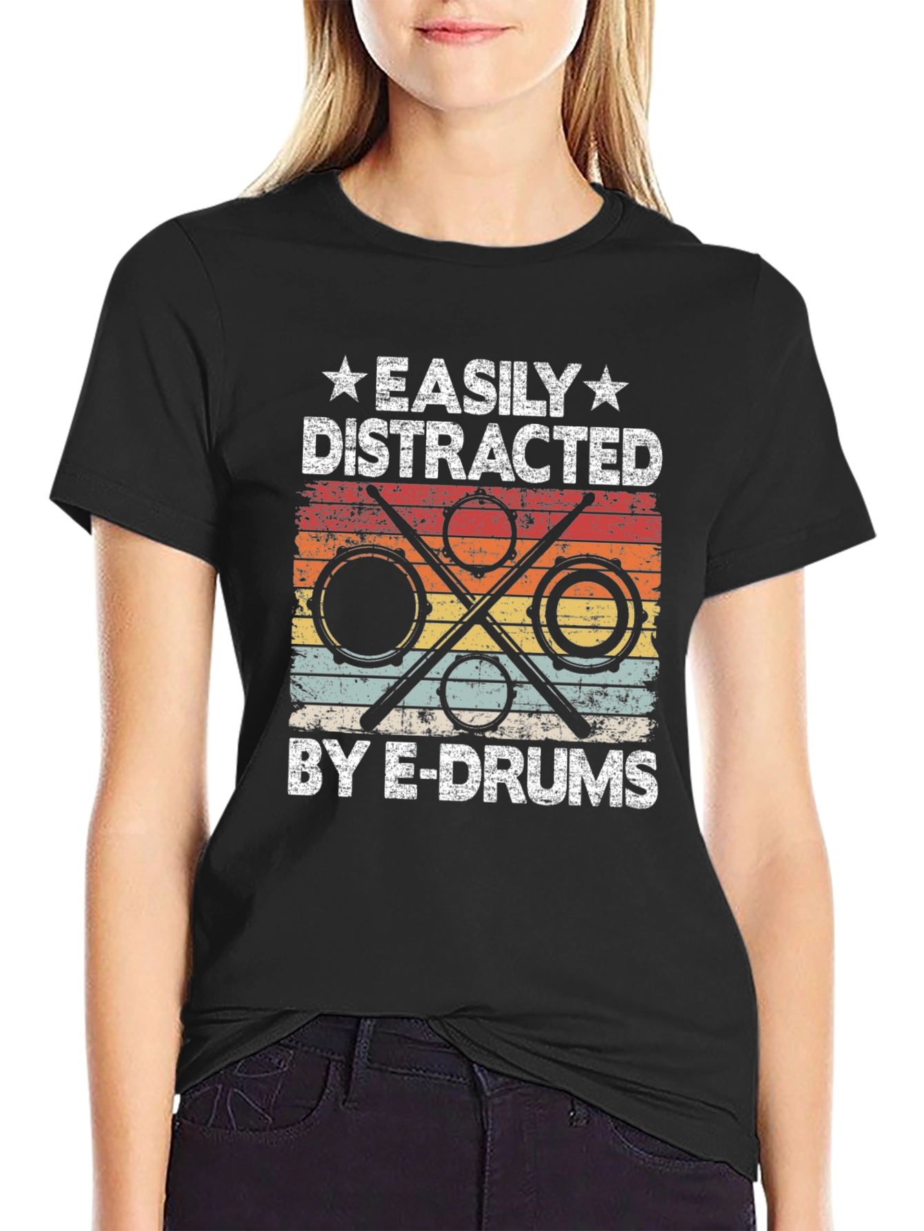 Black Easily Distracted By E-Drums Graphic T-Shirt view 2