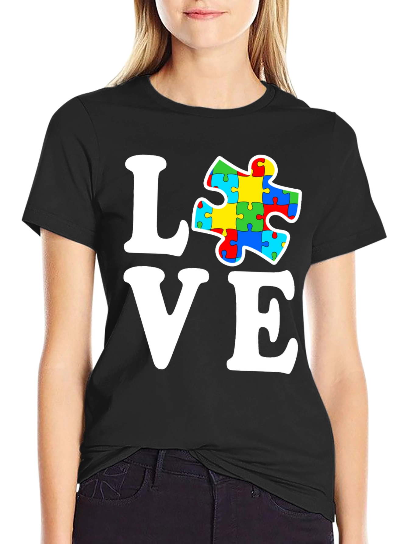 Black Autism Awareness Love Puzzle Piece Graphic T-Shirt view 2