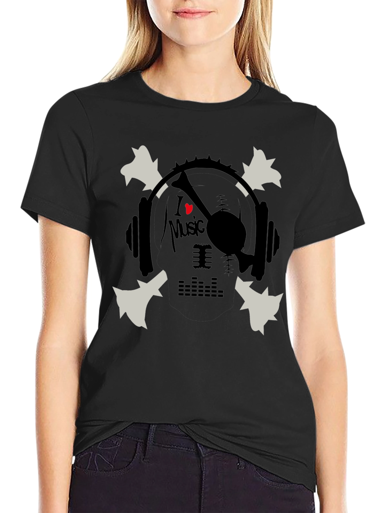 Black I Heart Music Skull & Headphones Graphic T-Shirt view 2