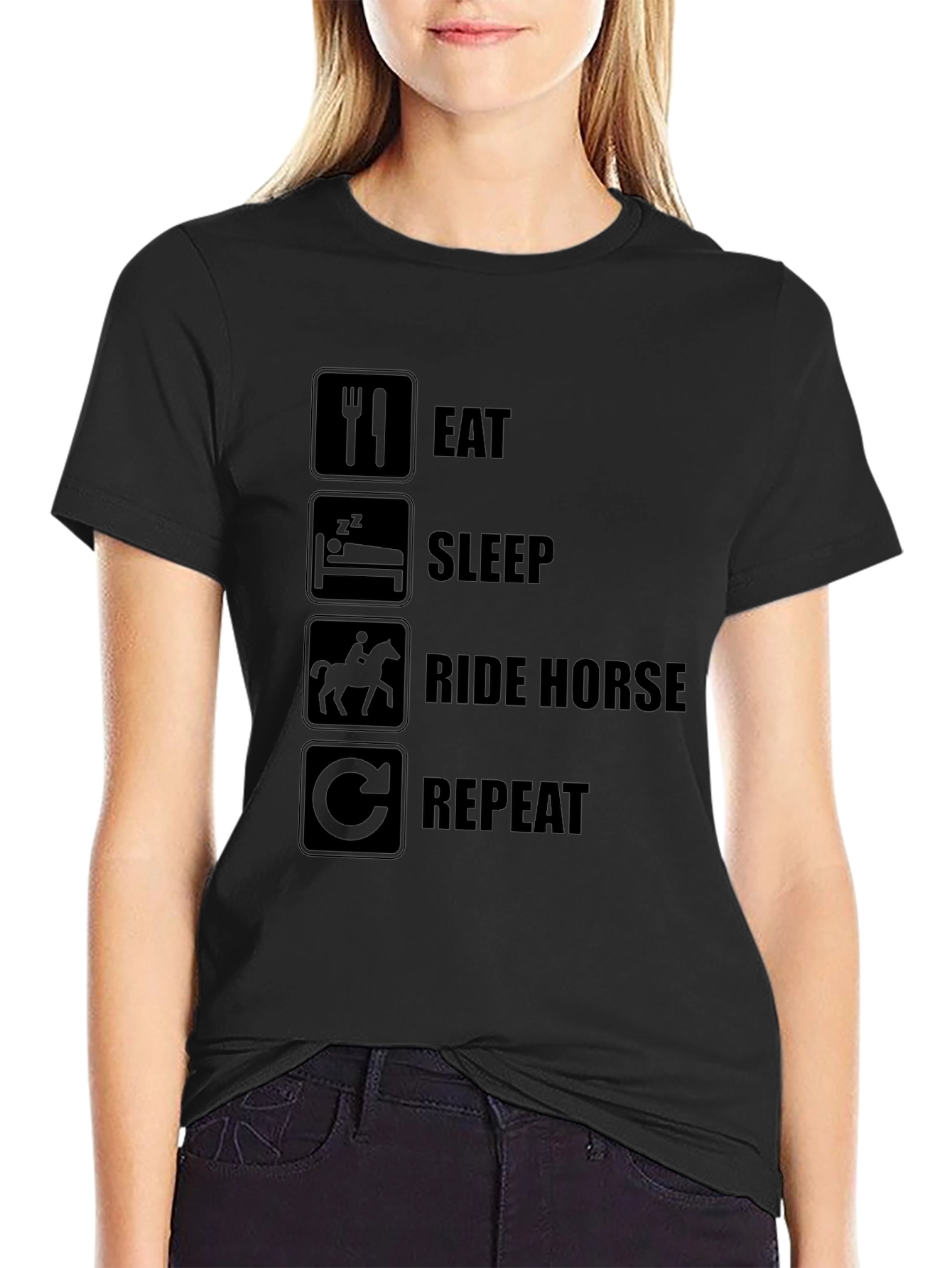 Black Eat Sleep Ride Horse Repeat Black T-Shirt view 2