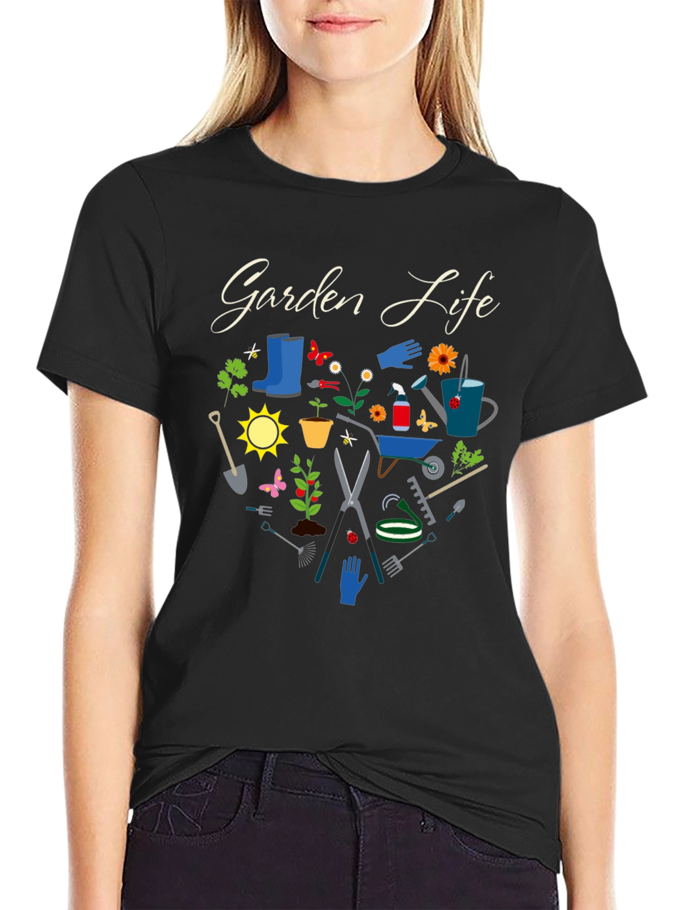 Black Garden Life Black T-Shirt: Gardening Tools Graphic Tee view 2