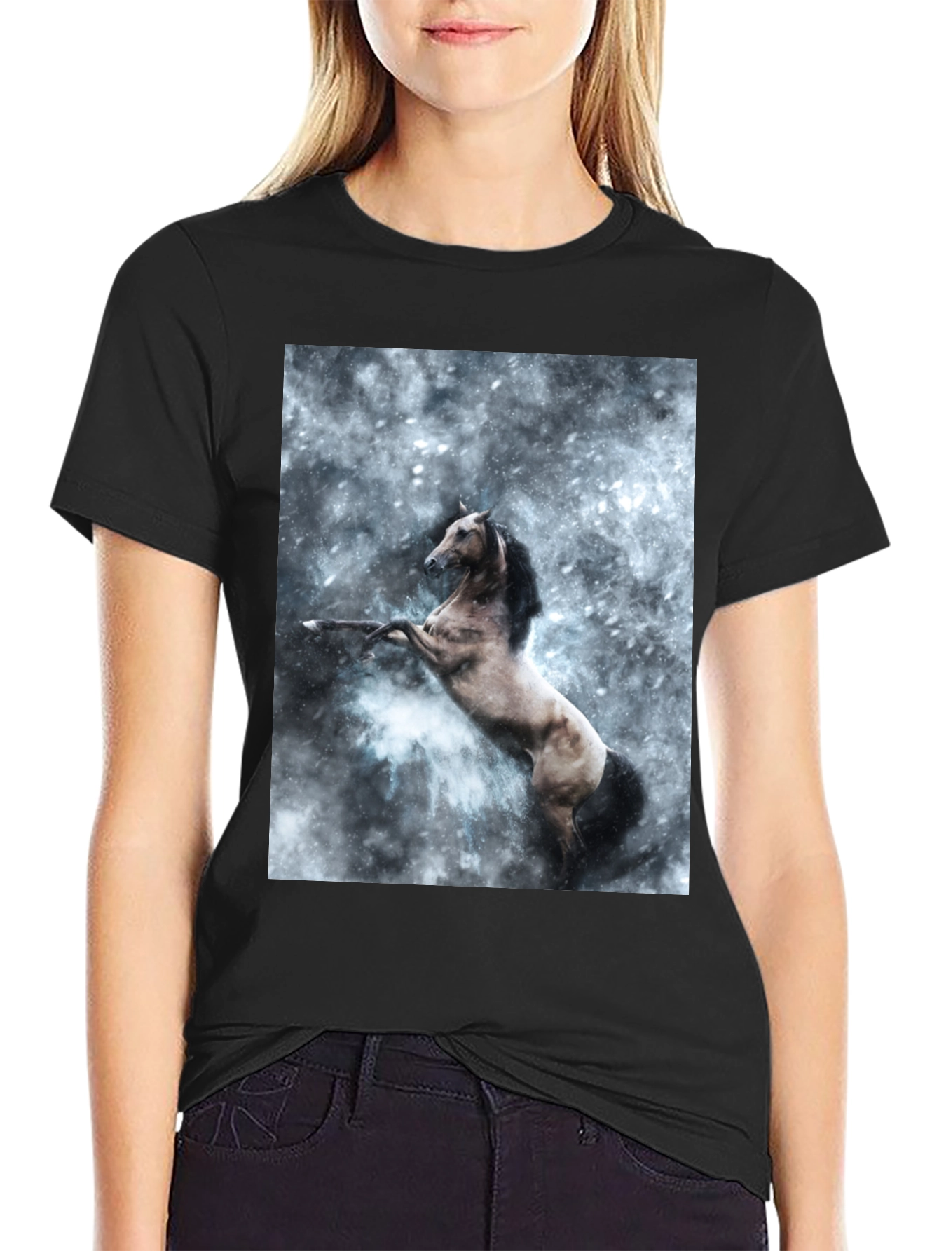 Black Black T-Shirt with Rearing Horse Print view 2