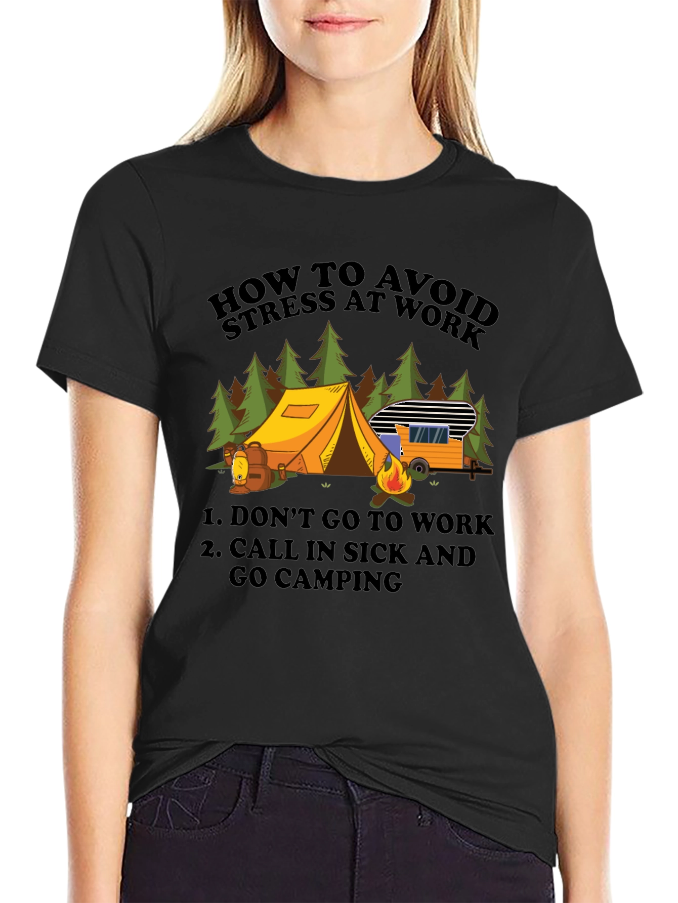 Black Avoid Stress Camping T-Shirt - Funny Vacation Tee view 2