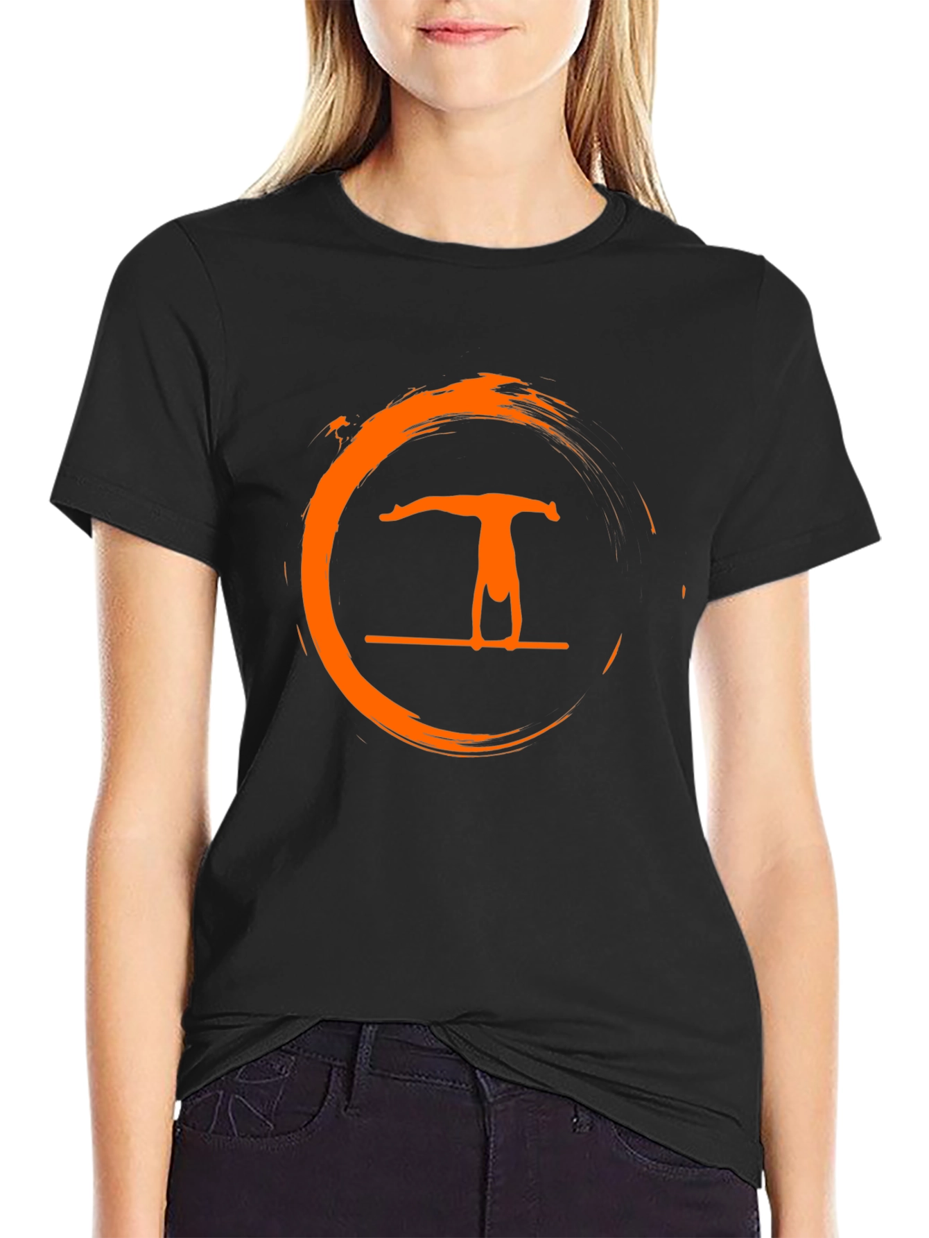 Black Black T-Shirt with Gymnastics Orange Circle Graphic view 2