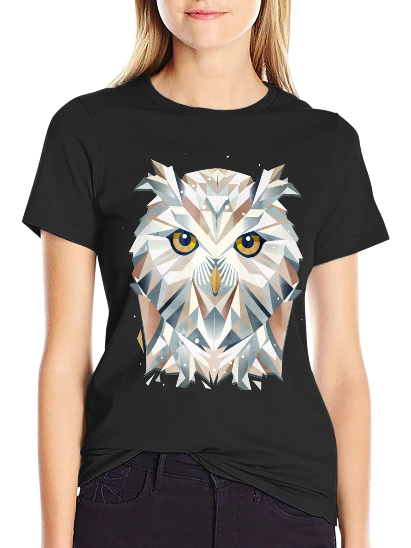 Black Geometric Owl Graphic Black T-Shirt view 2