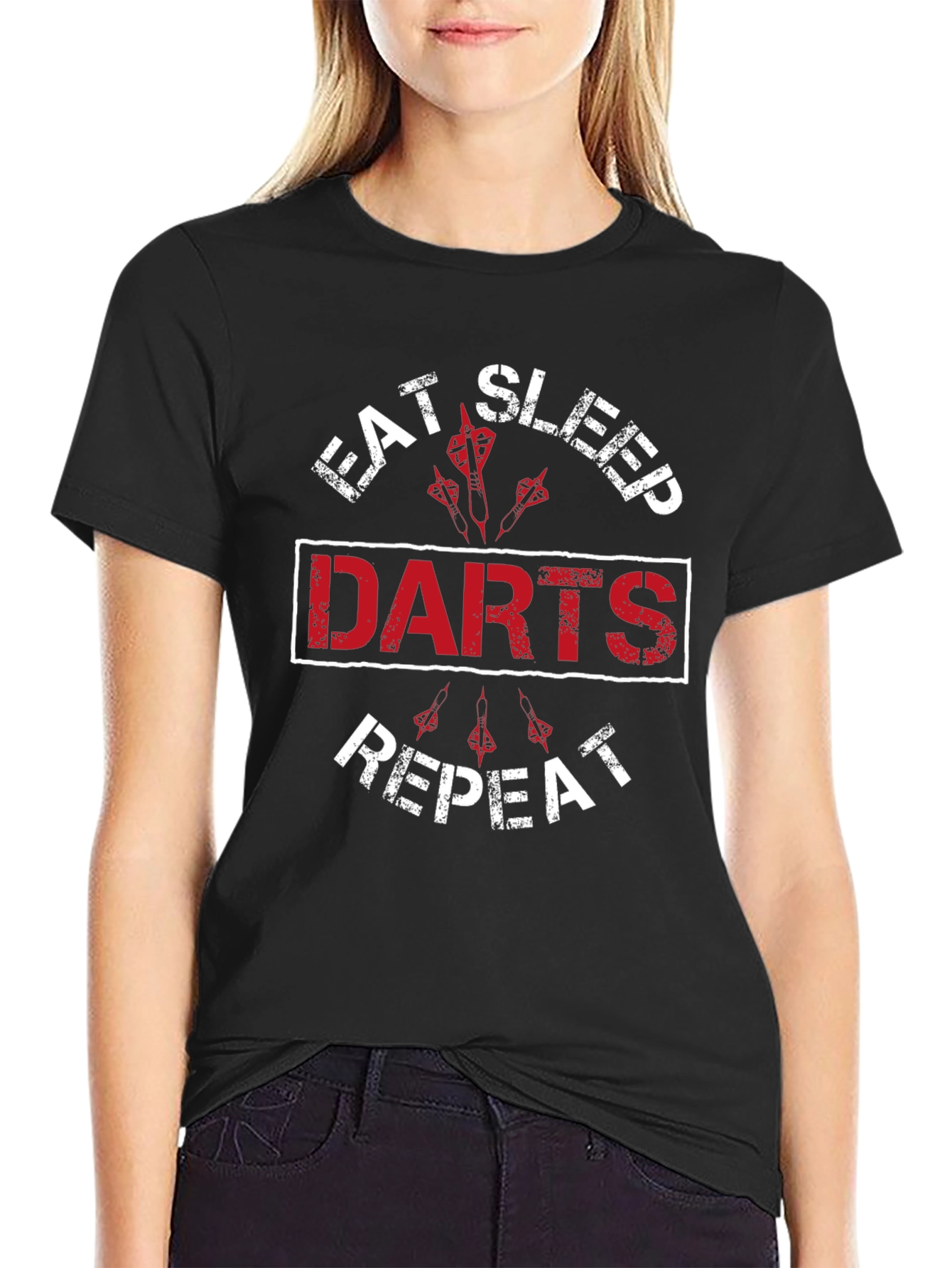 Black Eat Sleep Darts Repeat - Funny Dart Player T-Shirt view 2