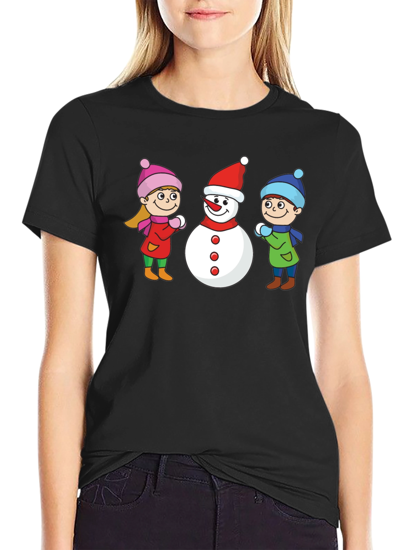 Black Winter Fun T-Shirt: Snowman & Kids Graphic Tee view 2