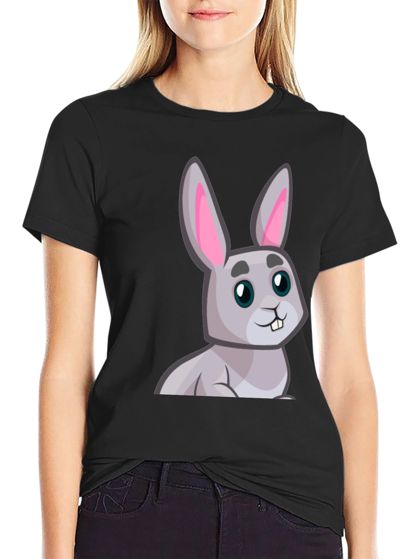 Black Cute Cartoon Rabbit Graphic T-Shirt view 2