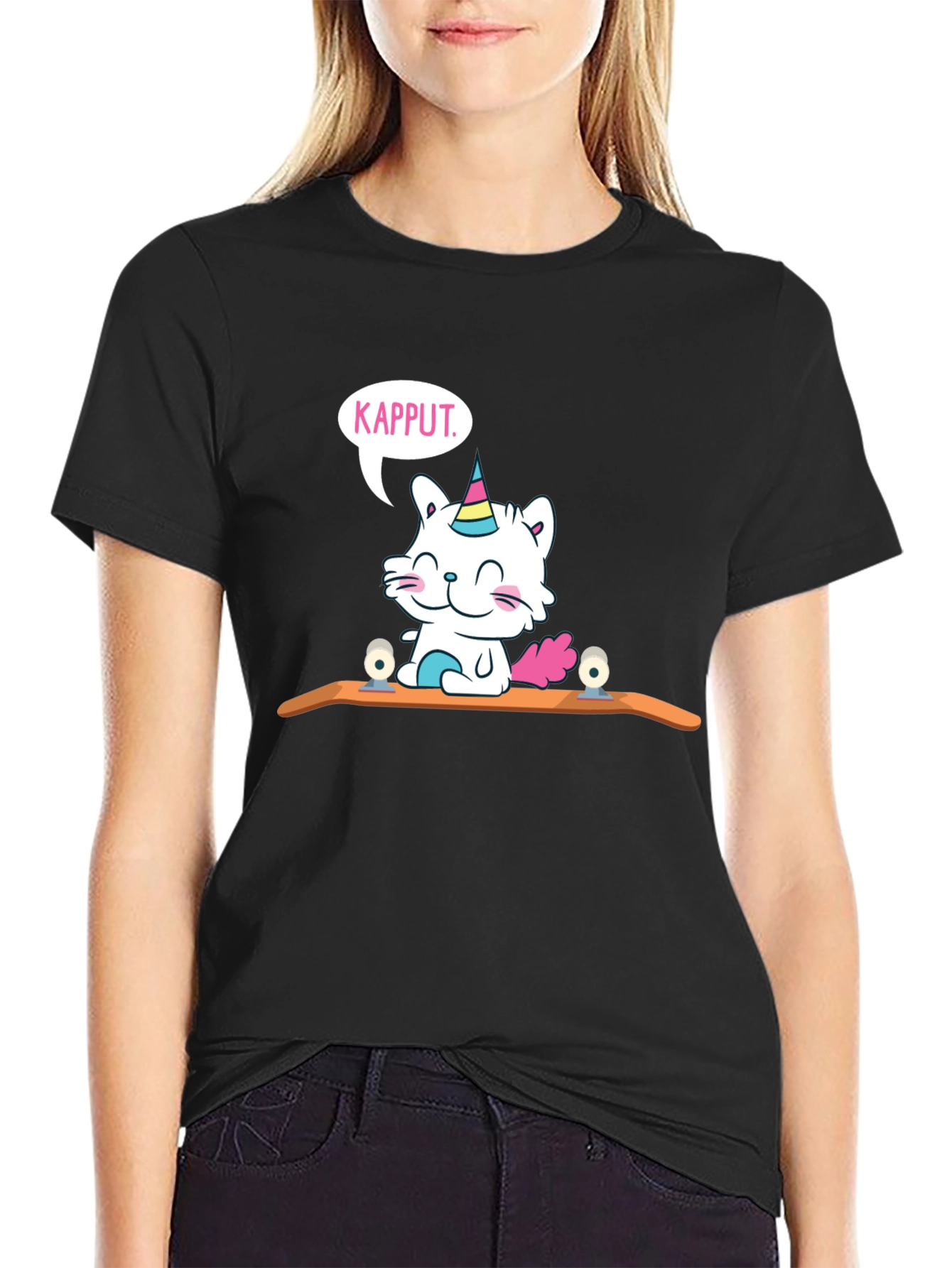 Black Kapput Skater Cat T-Shirt - Black Cotton Tee view 2