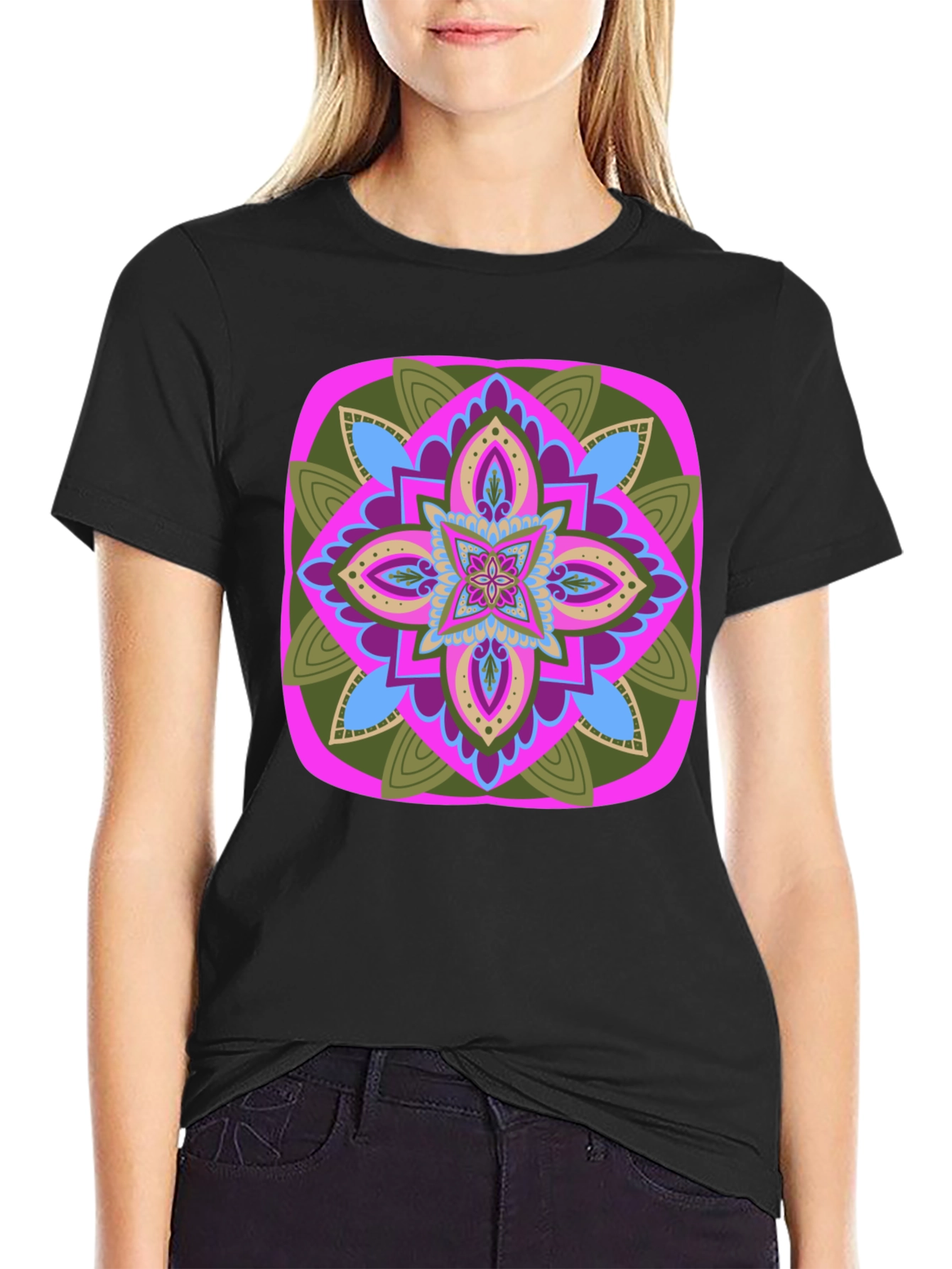 Black Geometric Mandala T-Shirt - Black Cotton Blend view 2
