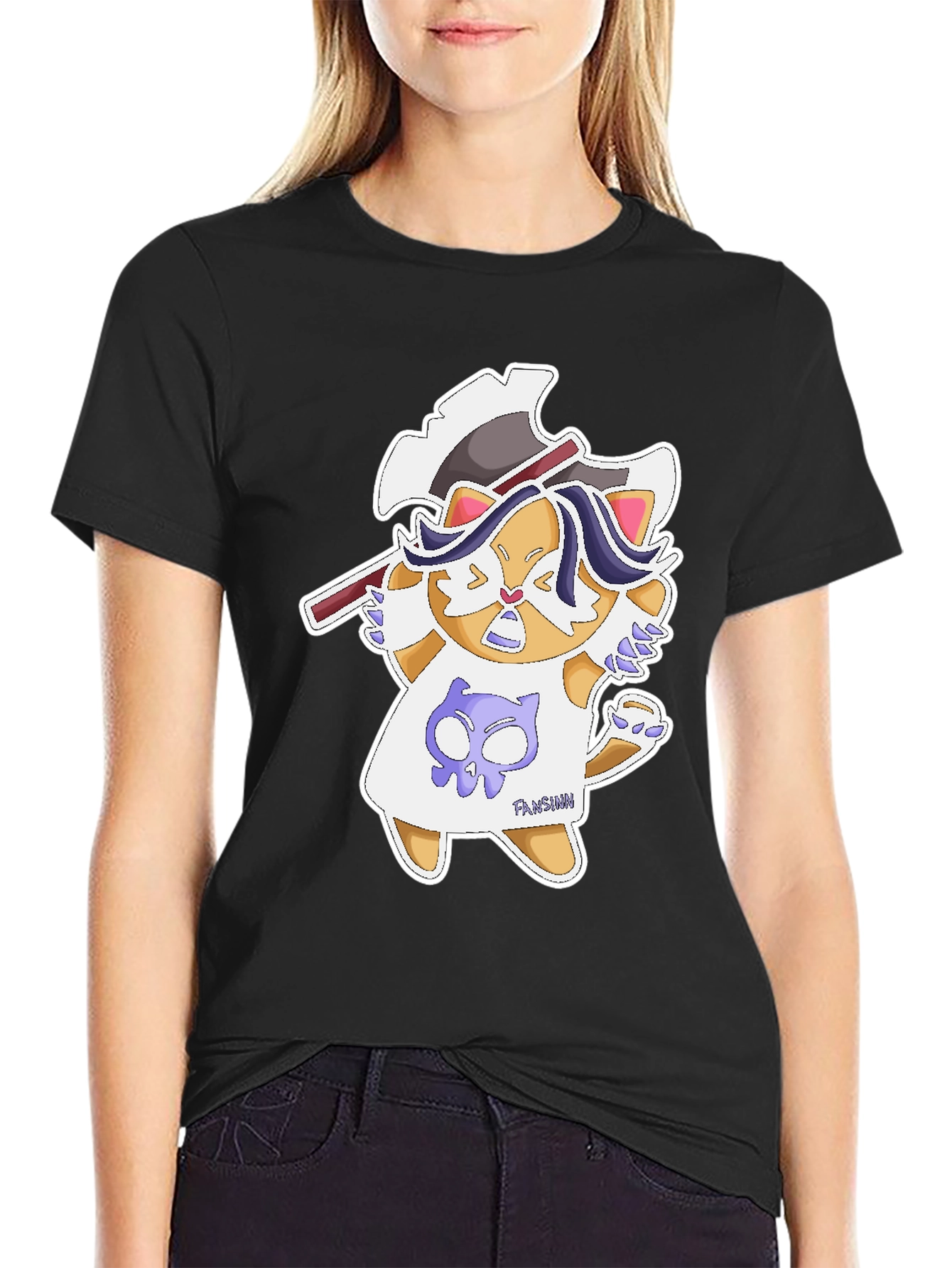 Black Cartoon Cat Axe T-Shirt - Fun Graphic Tee view 2