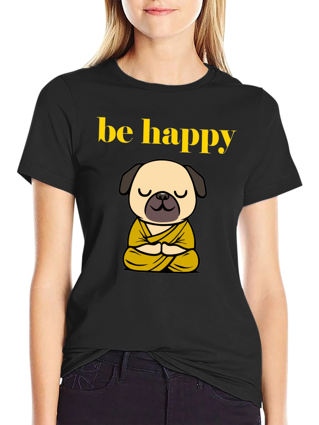 Black Be Happy Pug Buddha T-Shirt - Meditating Dog Tee view 2