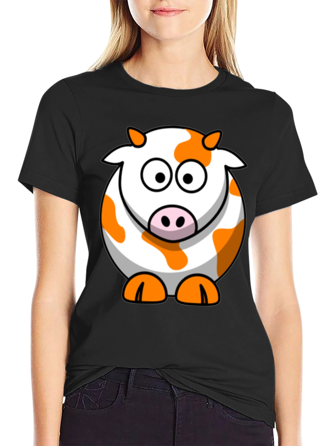 Black Cute Cartoon Cow Graphic Black T-Shirt view 2