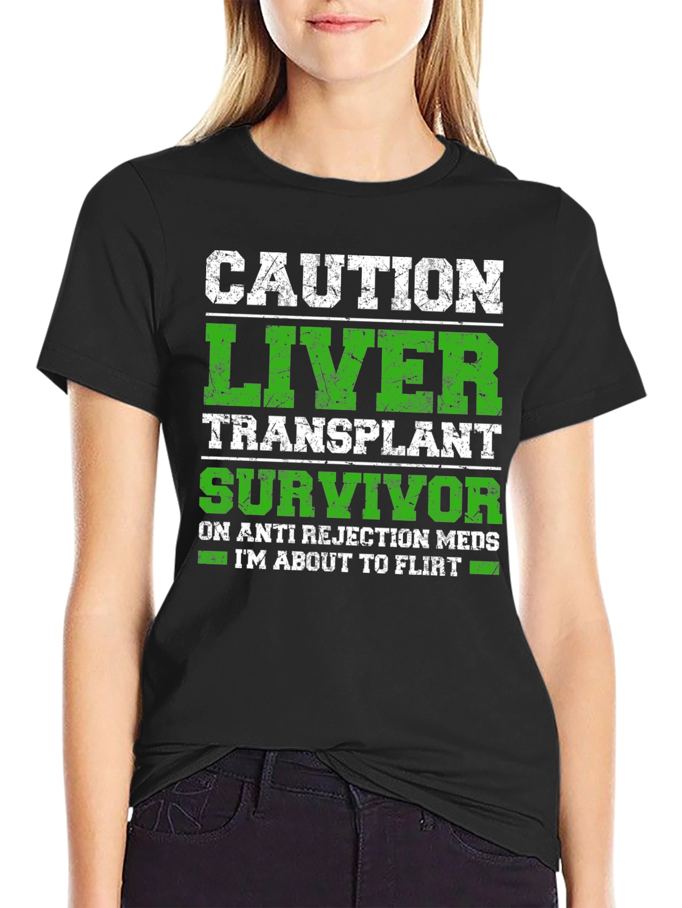 Black Caution Liver Transplant Survivor Funny T-Shirt view 2