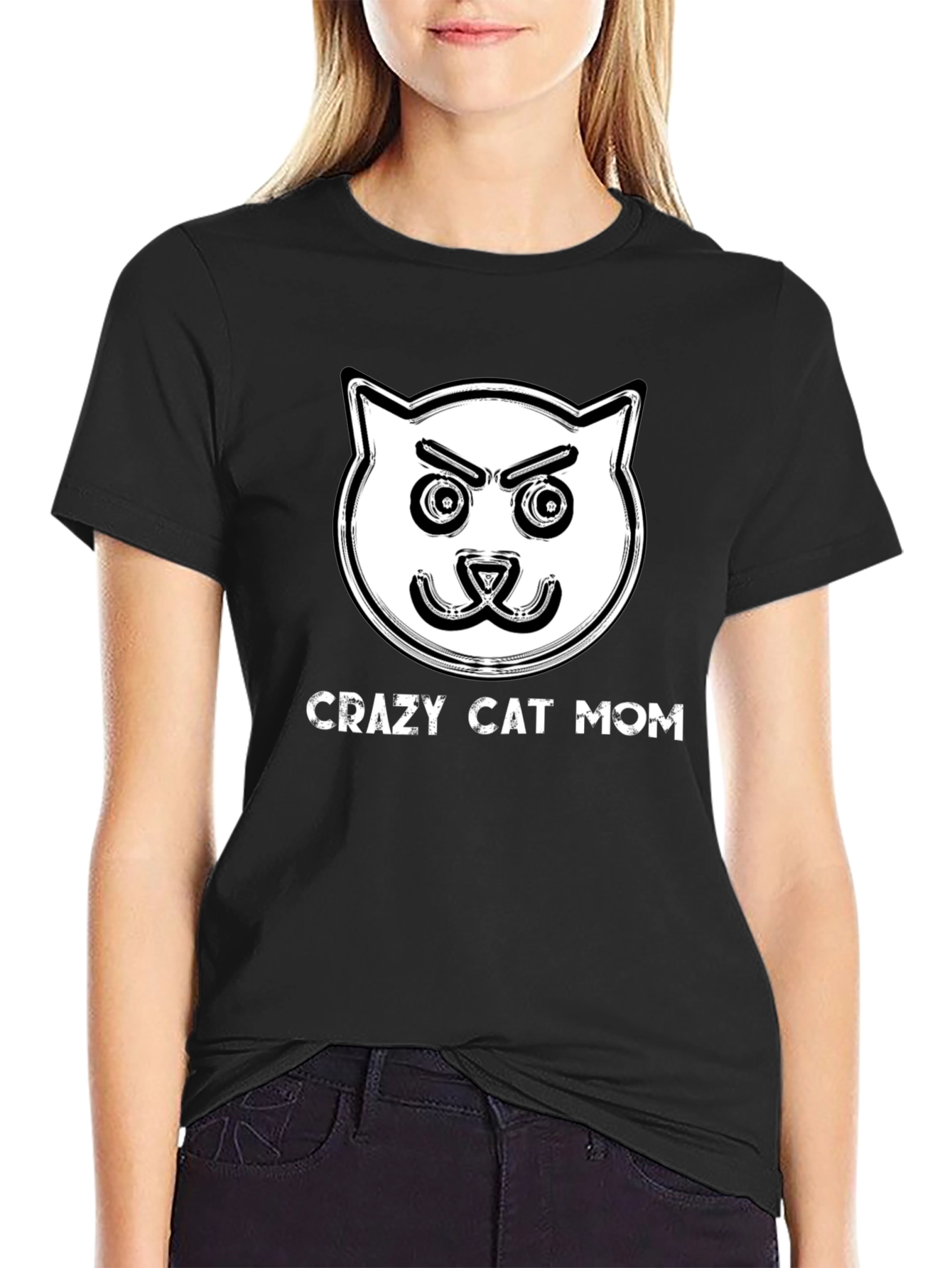 Black Crazy Cat Mom Graphic T-Shirt view 2