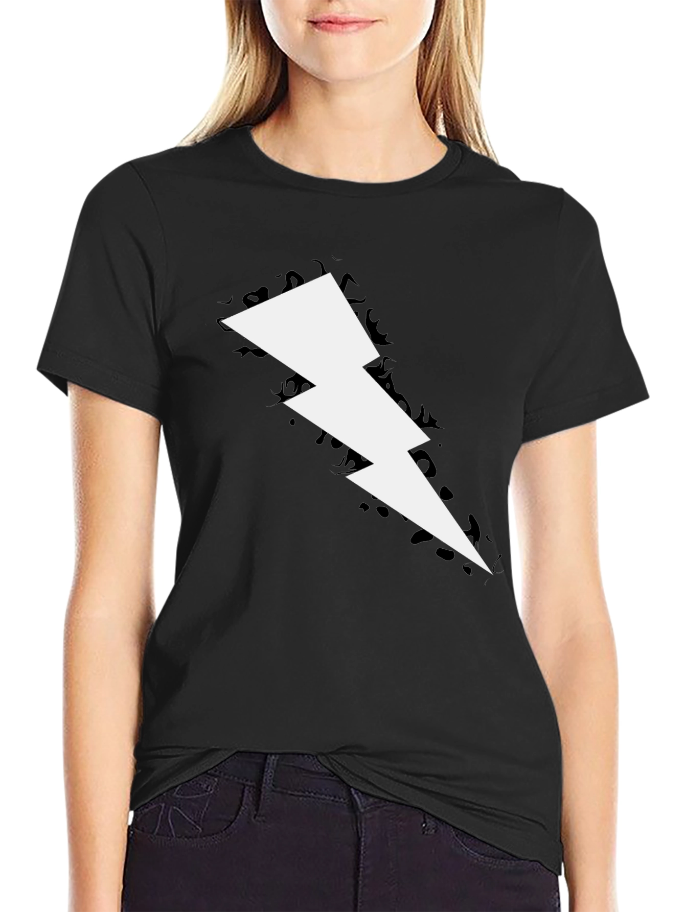 Black Lightning Bolt Graphic Tee - Bold Black Cotton T-Shirt view 2