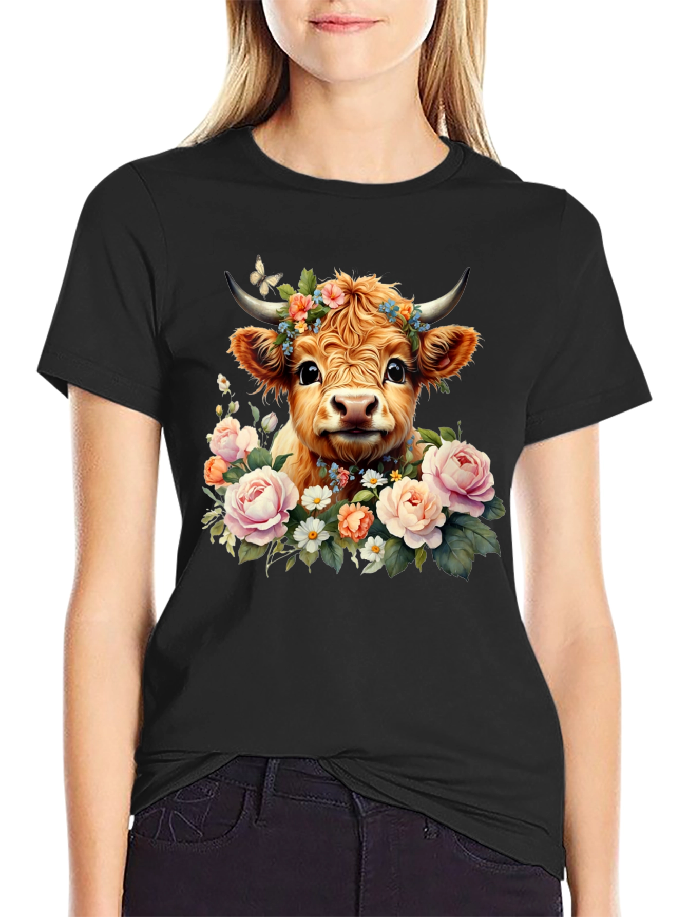 Black Cute Cow with Flowers Black T-Shirt view 2