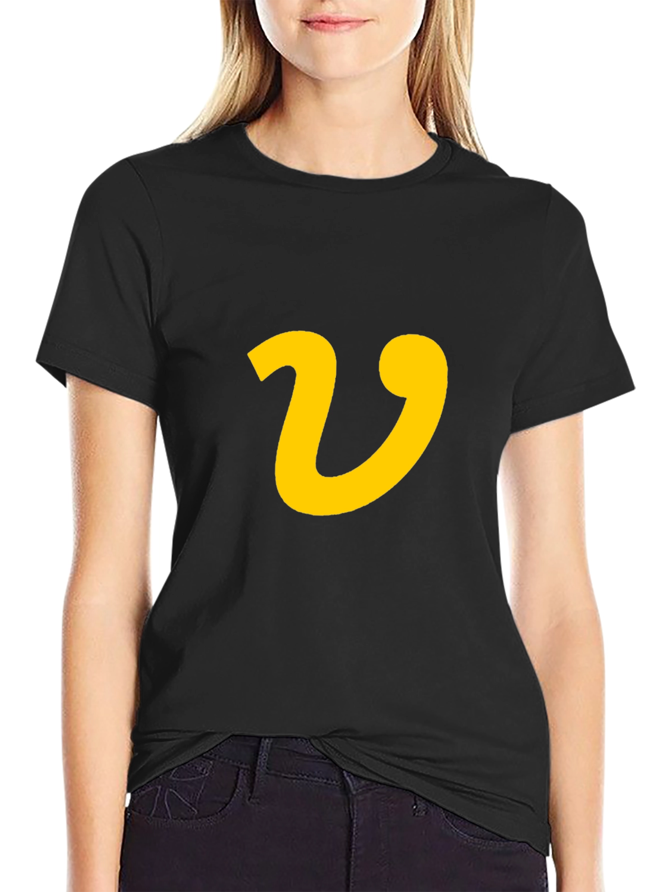 Black Black T-Shirt with Yellow Letter 'V' Graphic Print view 2