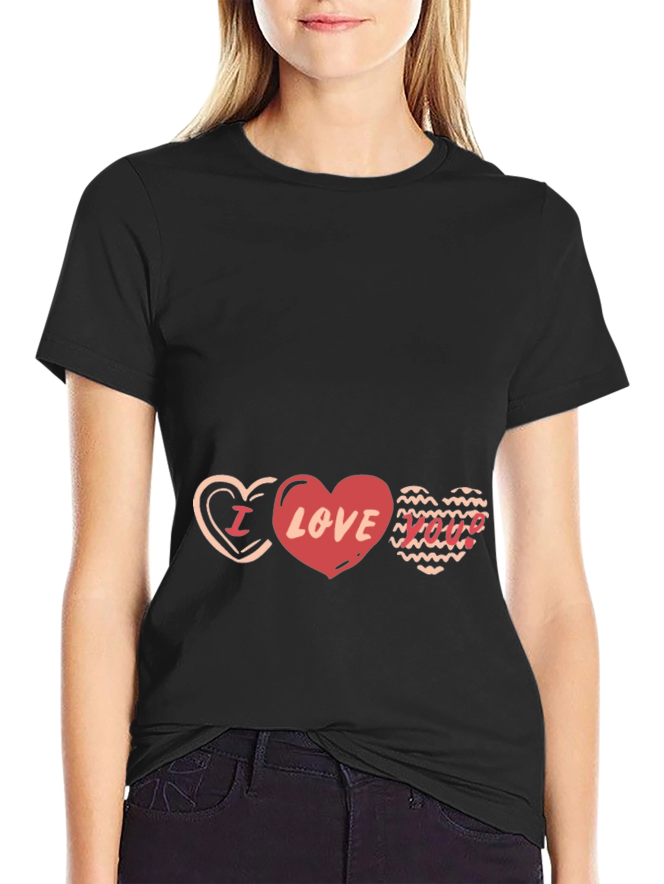Black I Love You Hearts Graphic Black T-Shirt view 2