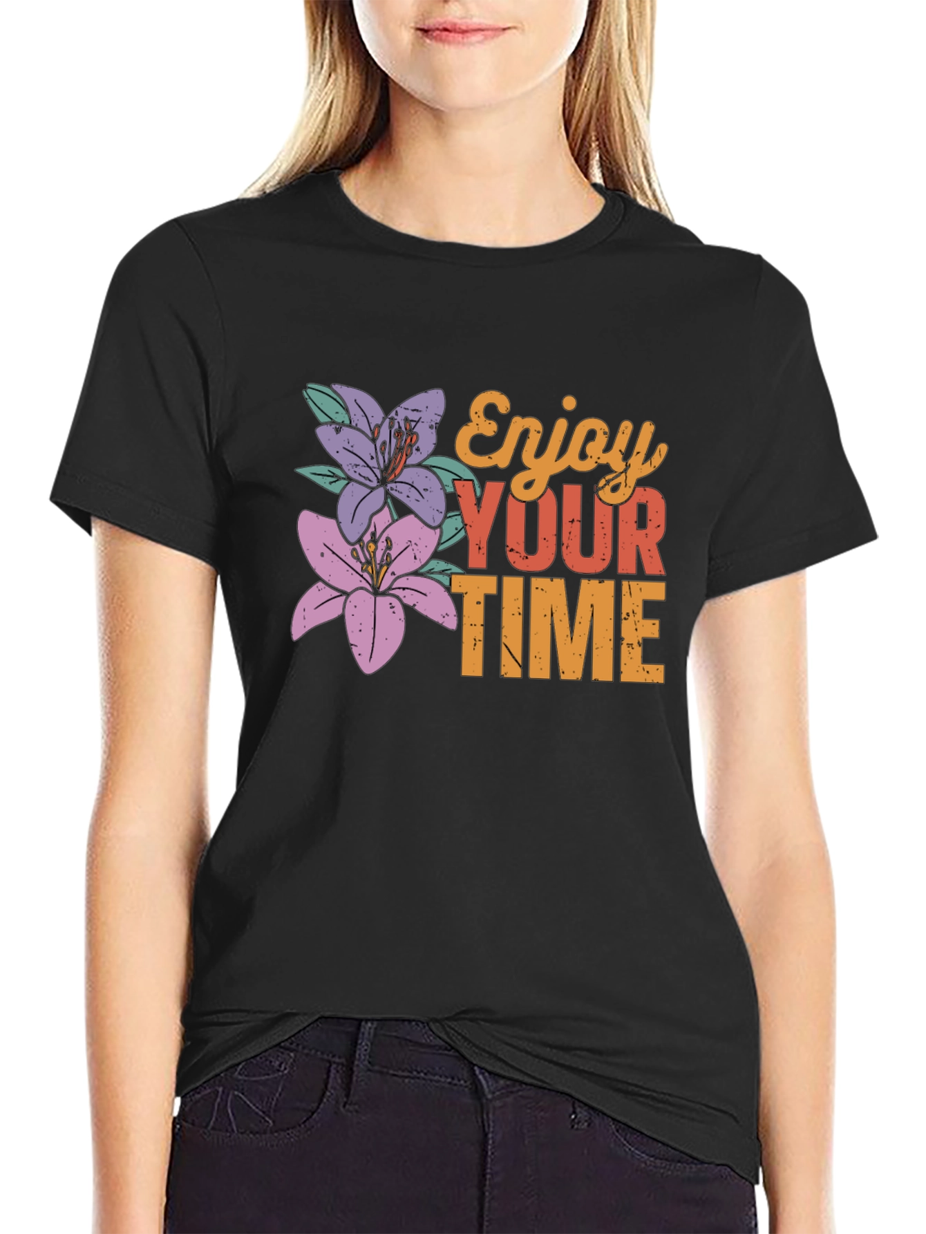 Black Enjoy Your Time Floral Graphic Tee view 2