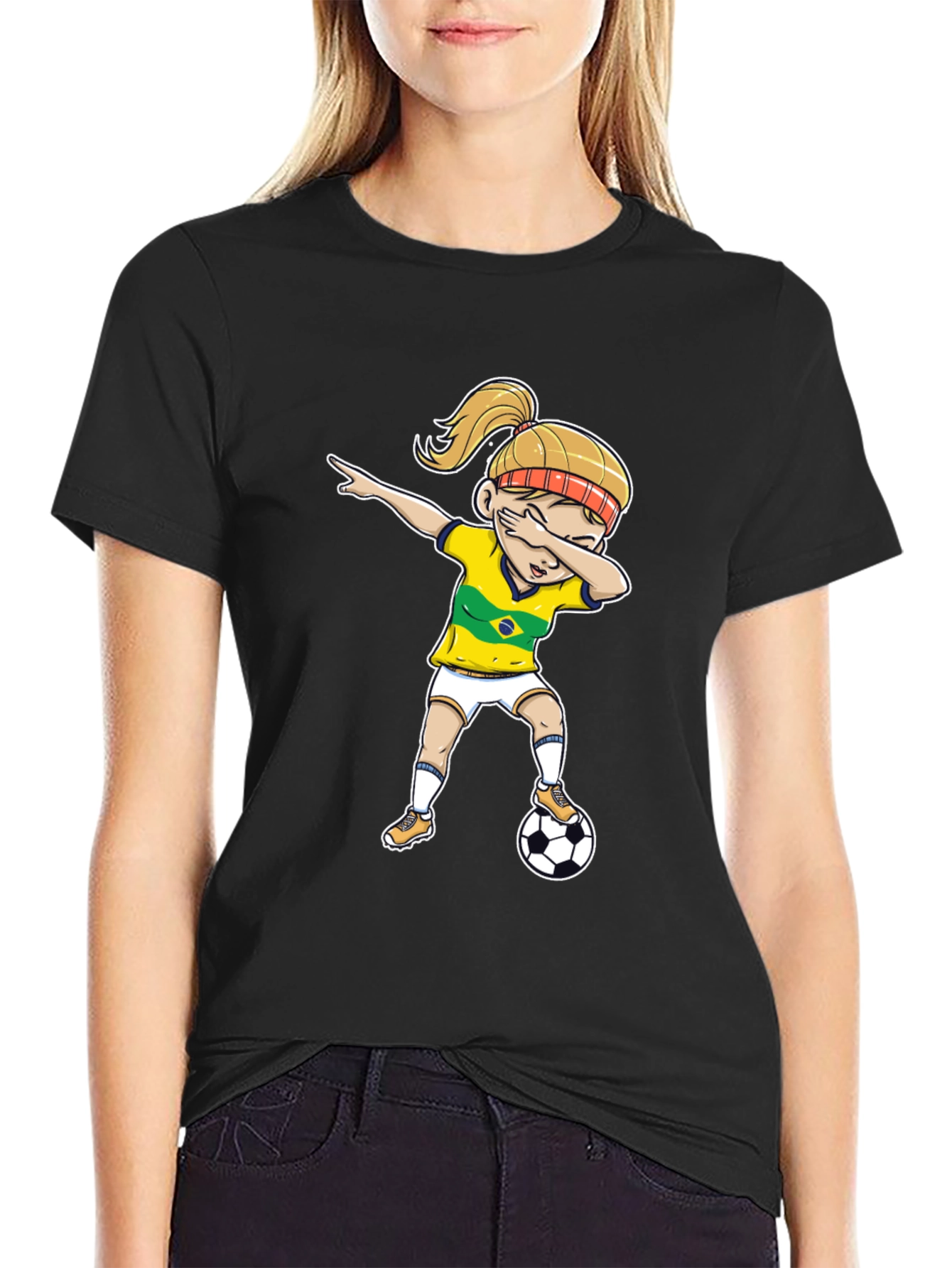 Black Brazil Soccer Girl Dab T-Shirt view 2