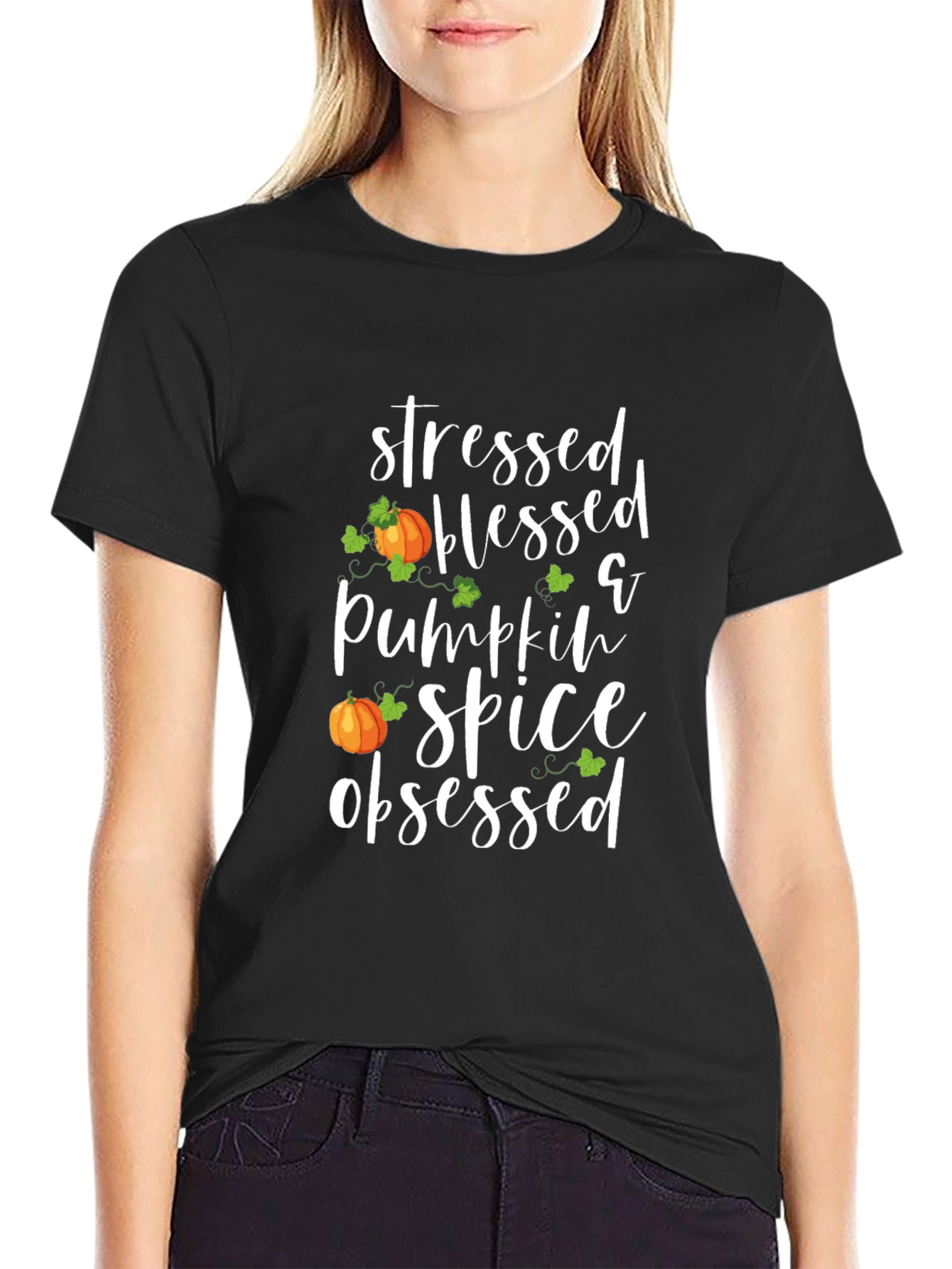Black Stressed Blessed Pumpkin Spice Obsessed T-Shirt view 2