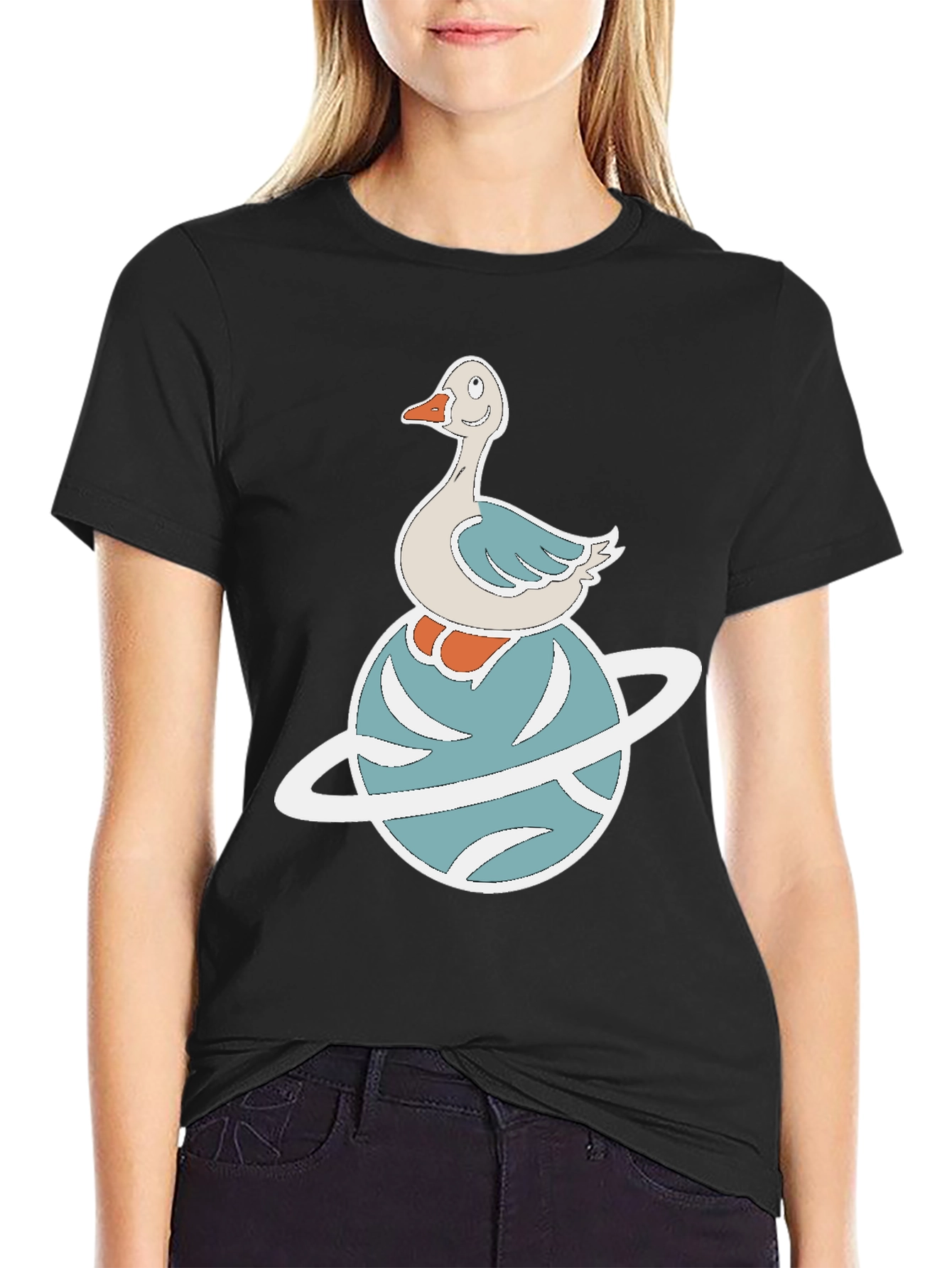 Black Whimsical Goose on Planet Graphic Tee view 2