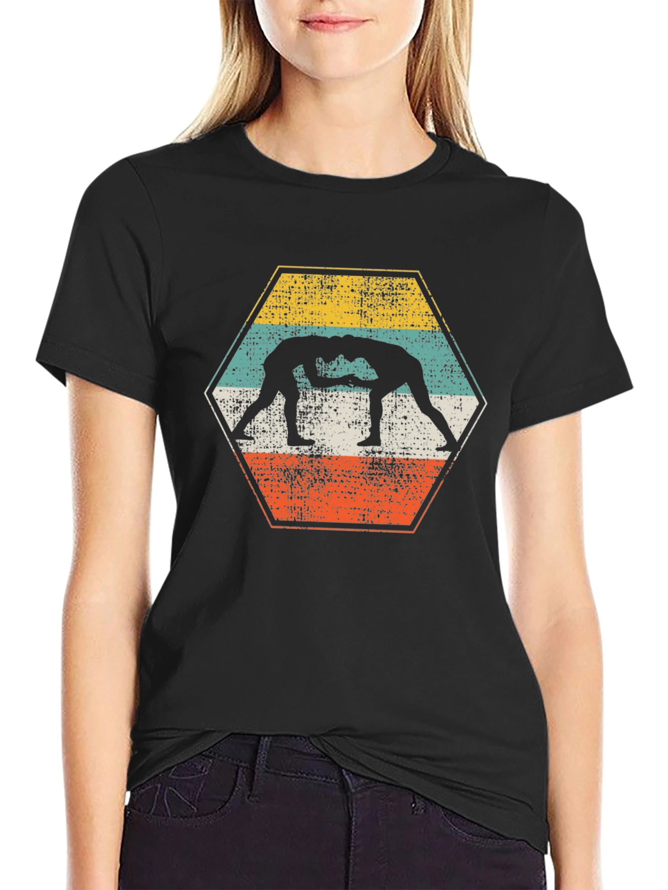 Black Vintage Wrestling T-Shirt - Retro Hexagon Design view 2