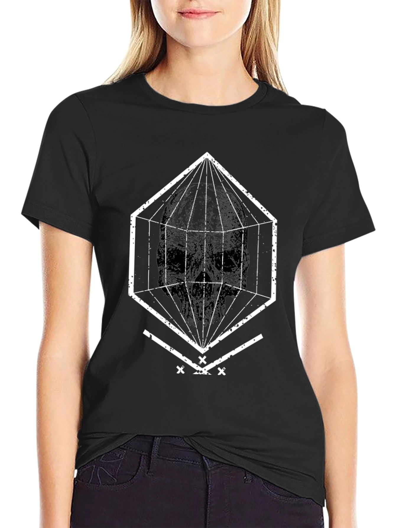 Black Geometric Skull Graphic Tee - Black view 2