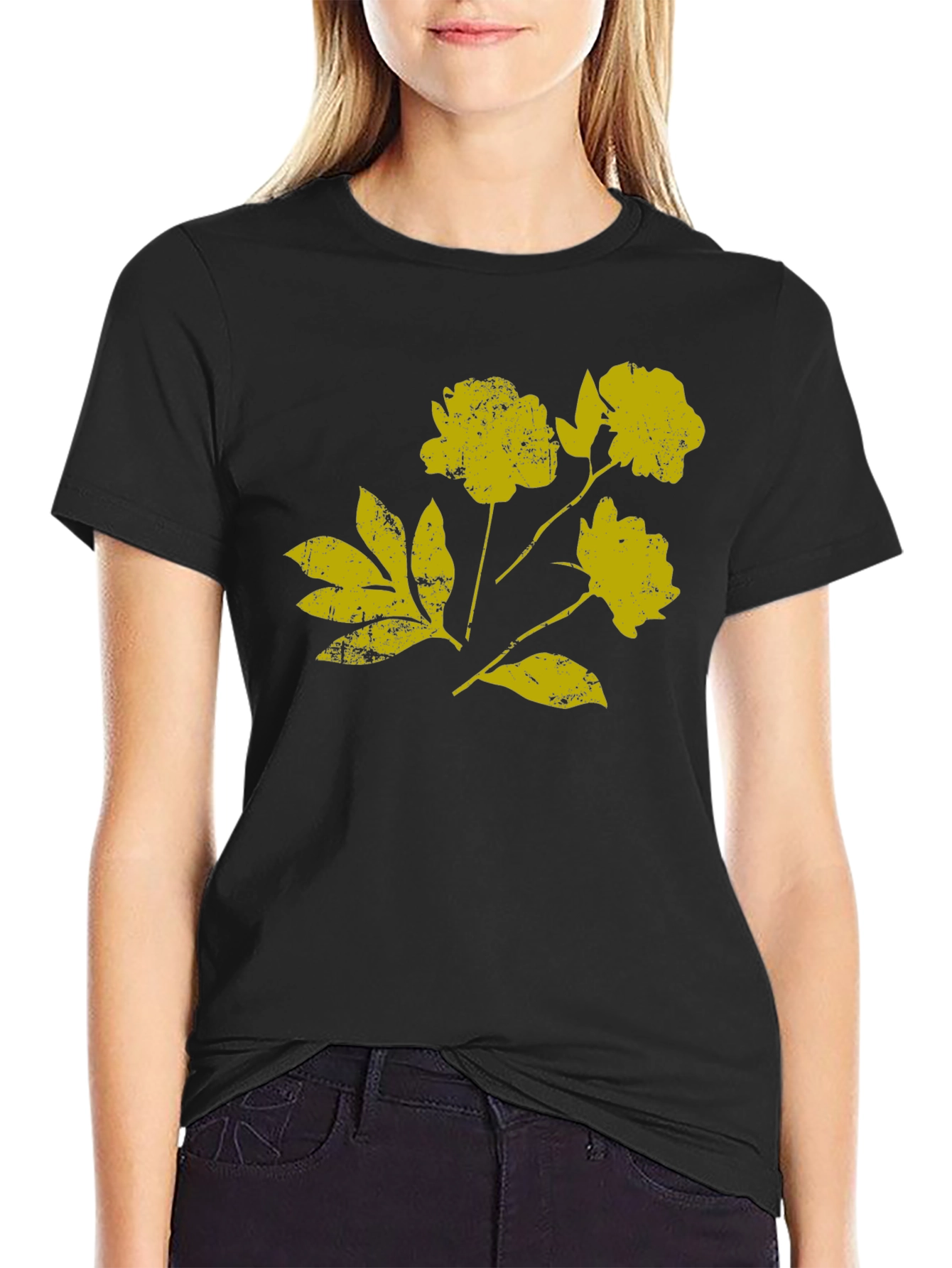 Black Black T-Shirt with Distressed Floral Graphic view 2