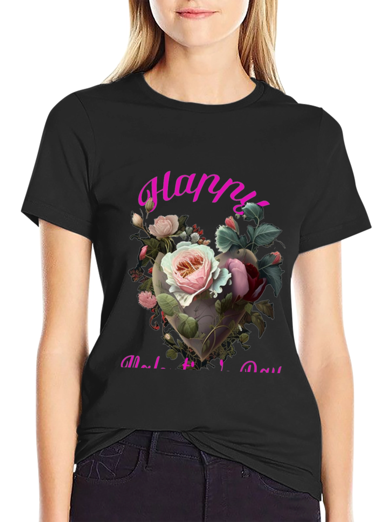 Black Floral Heart Happy Mother's Day T-Shirt view 2
