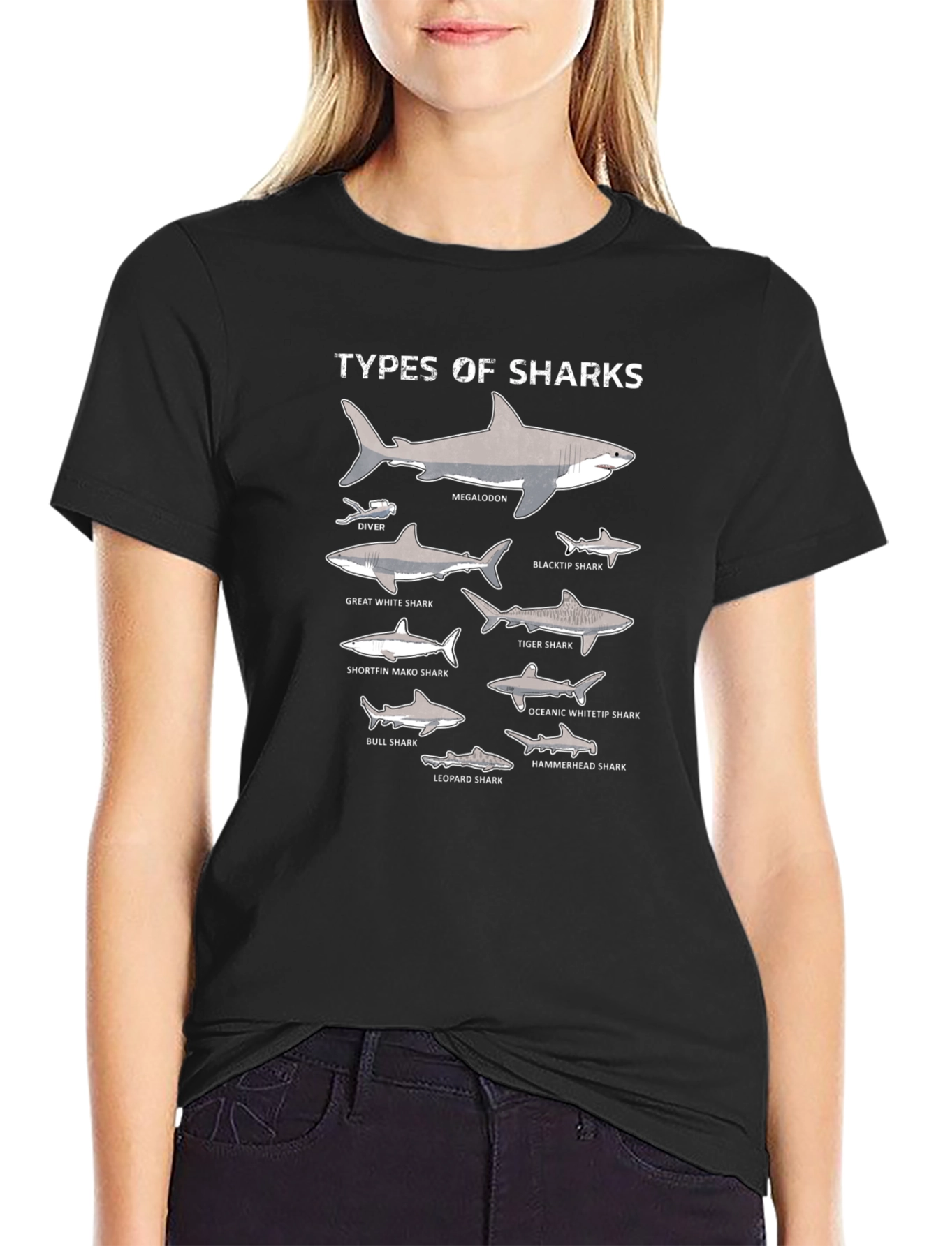 Black Types of Sharks Graphic T-Shirt view 2