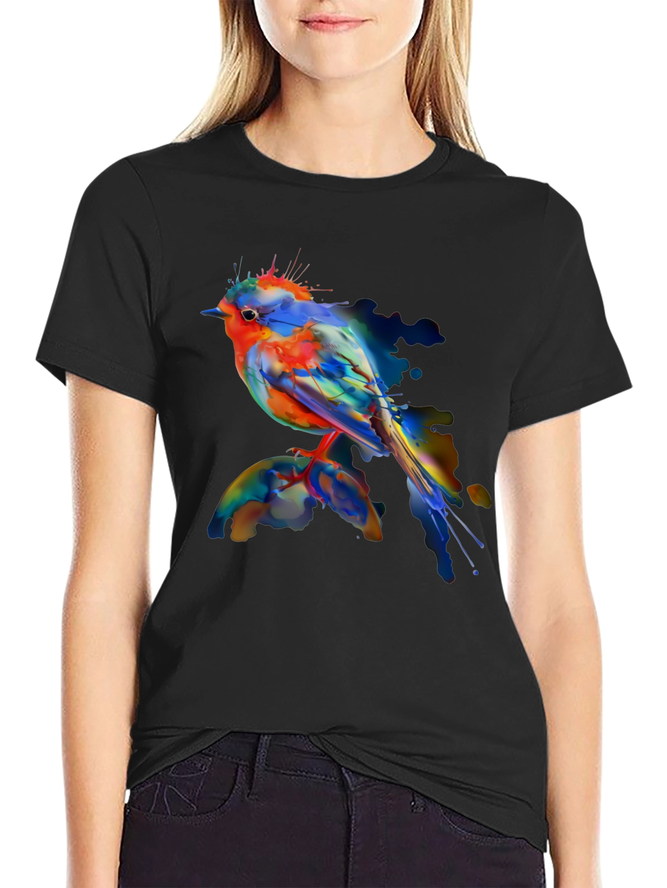Black Watercolor Bird Print Black T-Shirt view 2