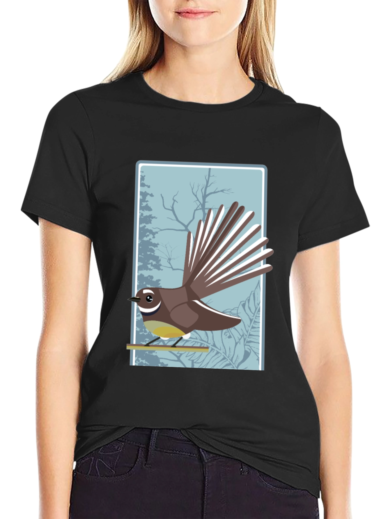Black Fantail Bird Graphic Tee - Nature Lover Shirt view 2