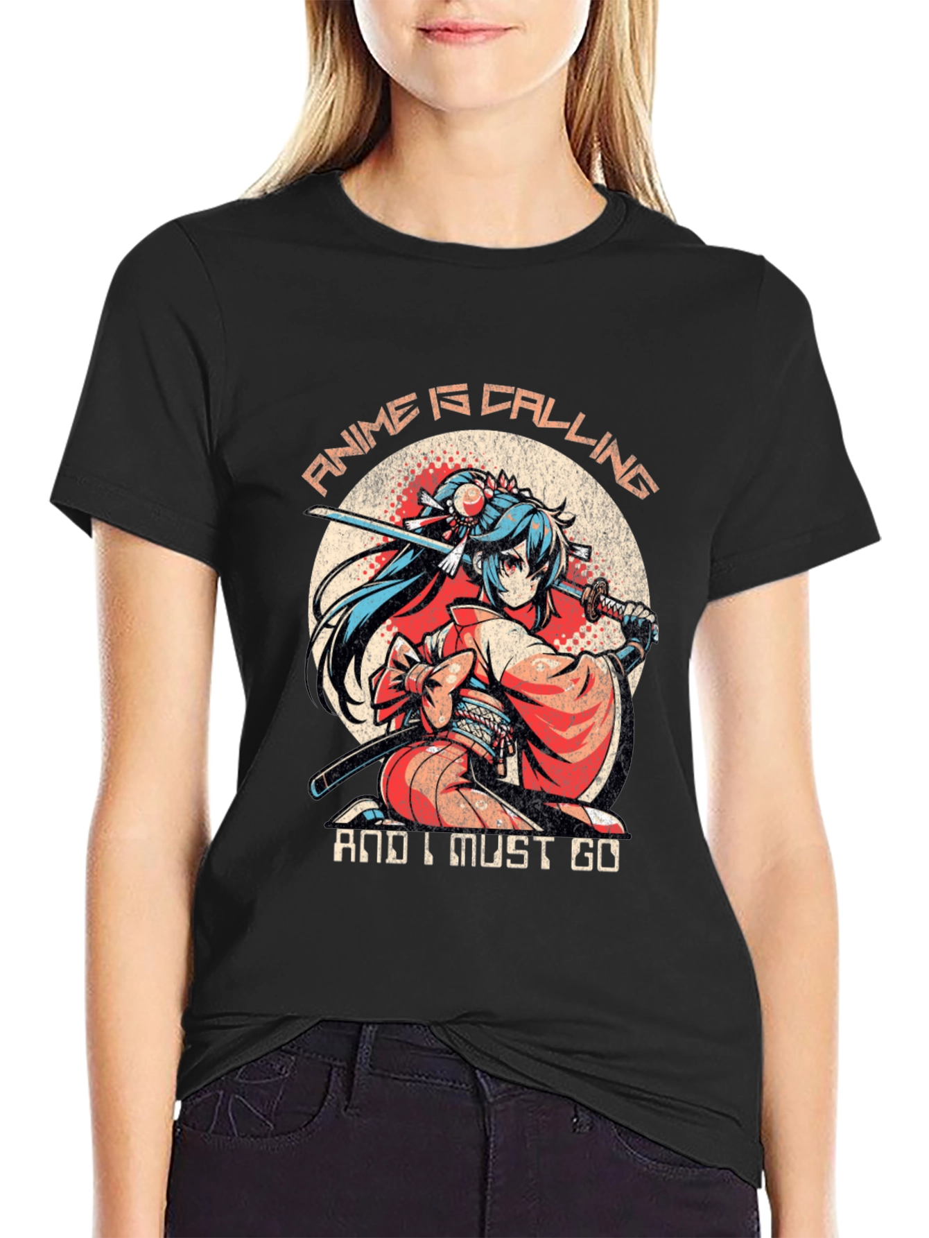 Black Anime Calling T-Shirt: Samurai Girl view 2