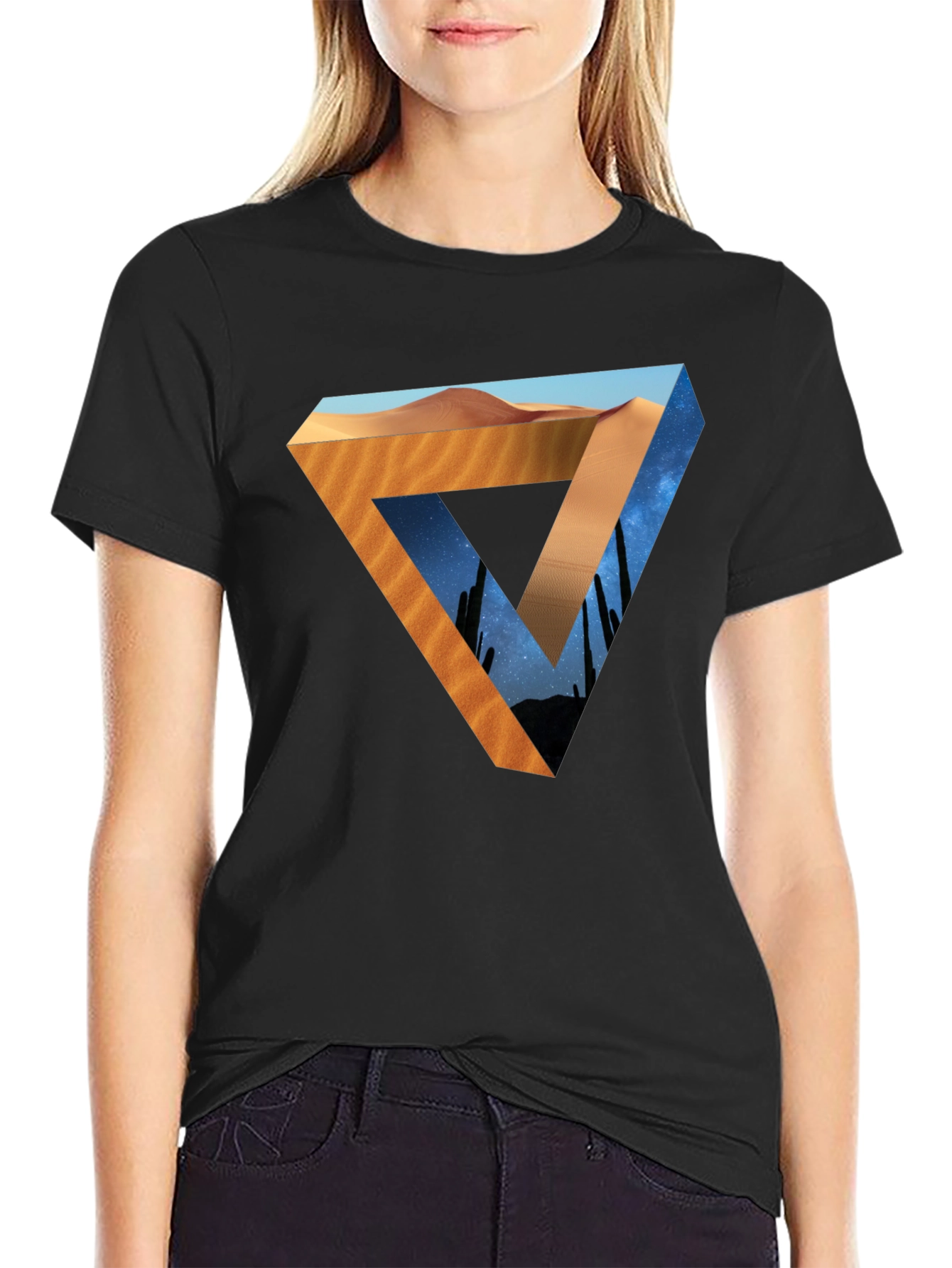 Black Desert Sky Triangle Graphic Tee - Black Cotton Shirt view 2