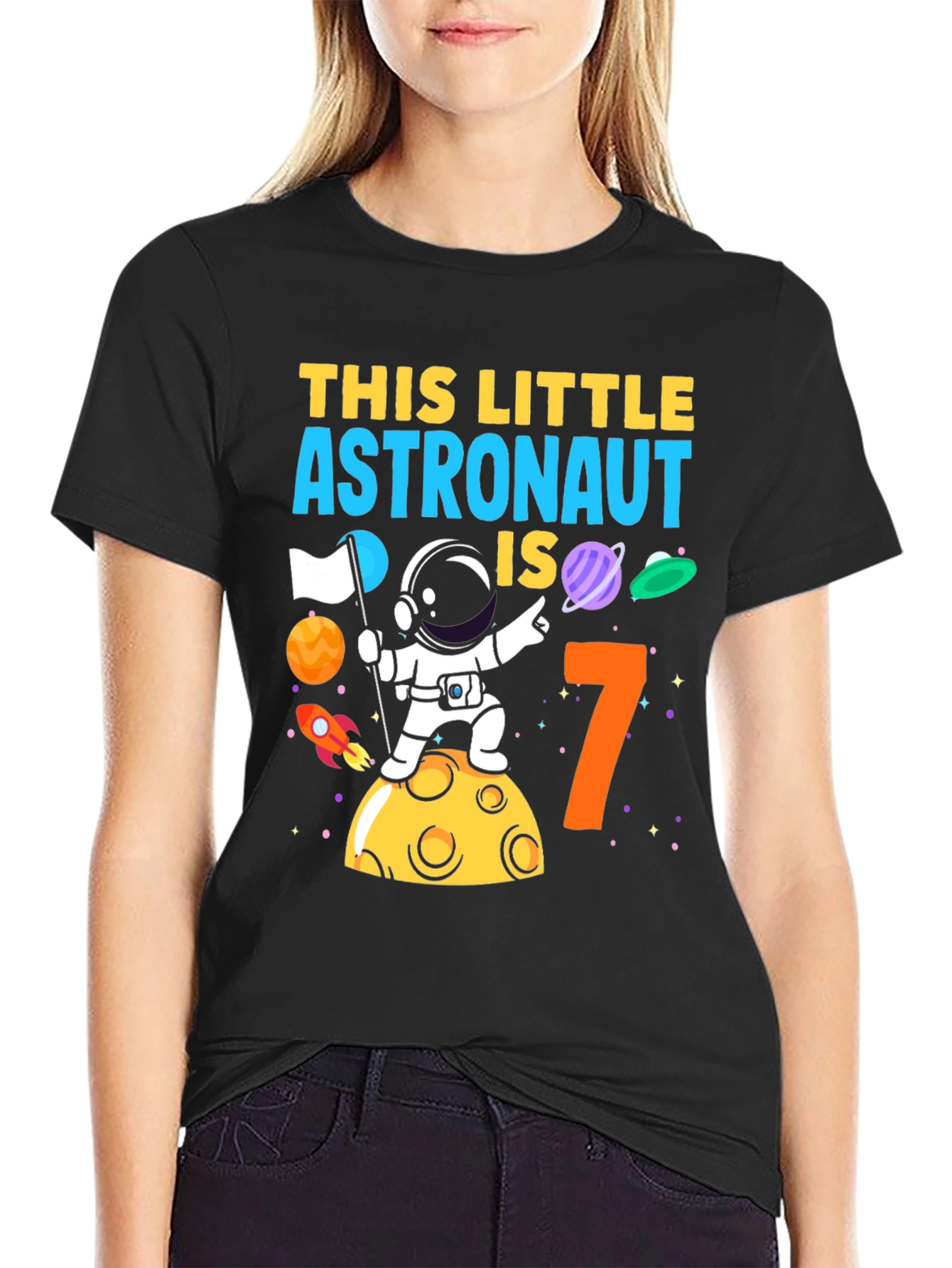 Black Astronaut Birthday Boy T-Shirt - Age 7 Space Theme view 2