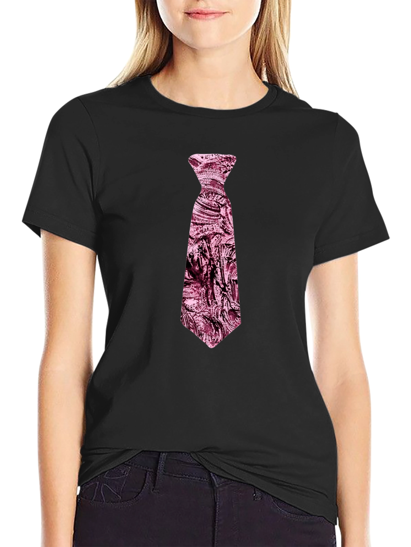 Black Men's Black T-Shirt with Novelty Pink Tie Design view 2