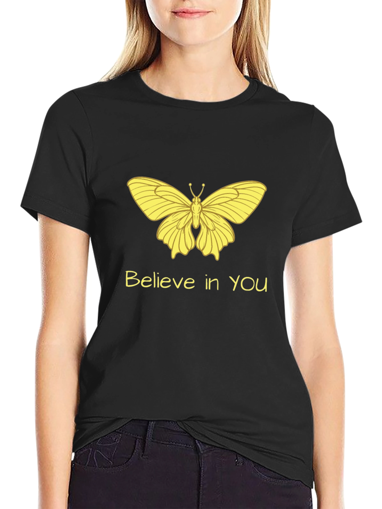 Black Believe Butterfly T-Shirt - Stylish and Motivational view 2