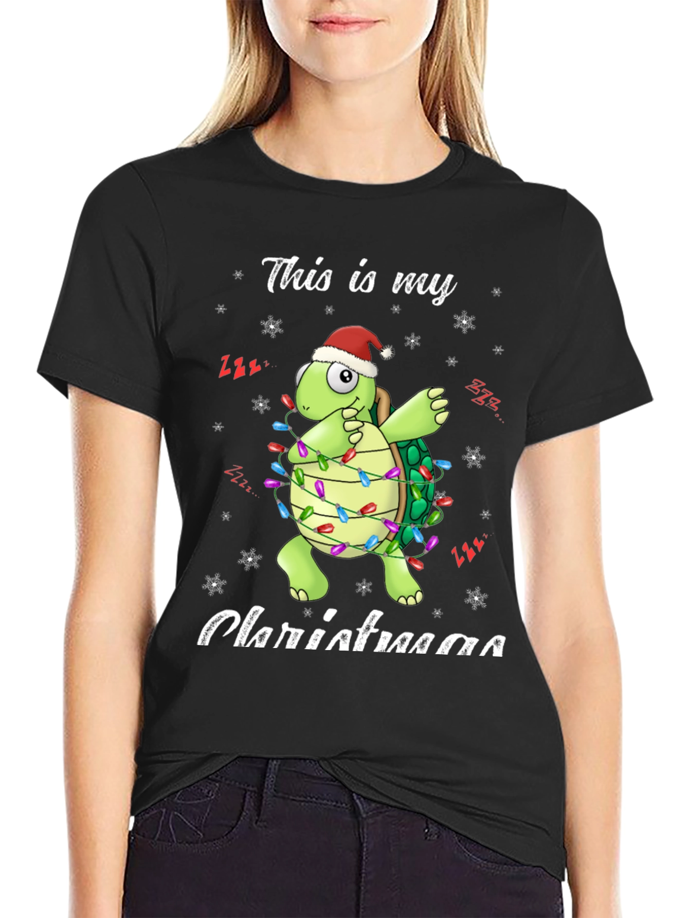 Black Festive Turtle Christmas Lights T-Shirt view 2