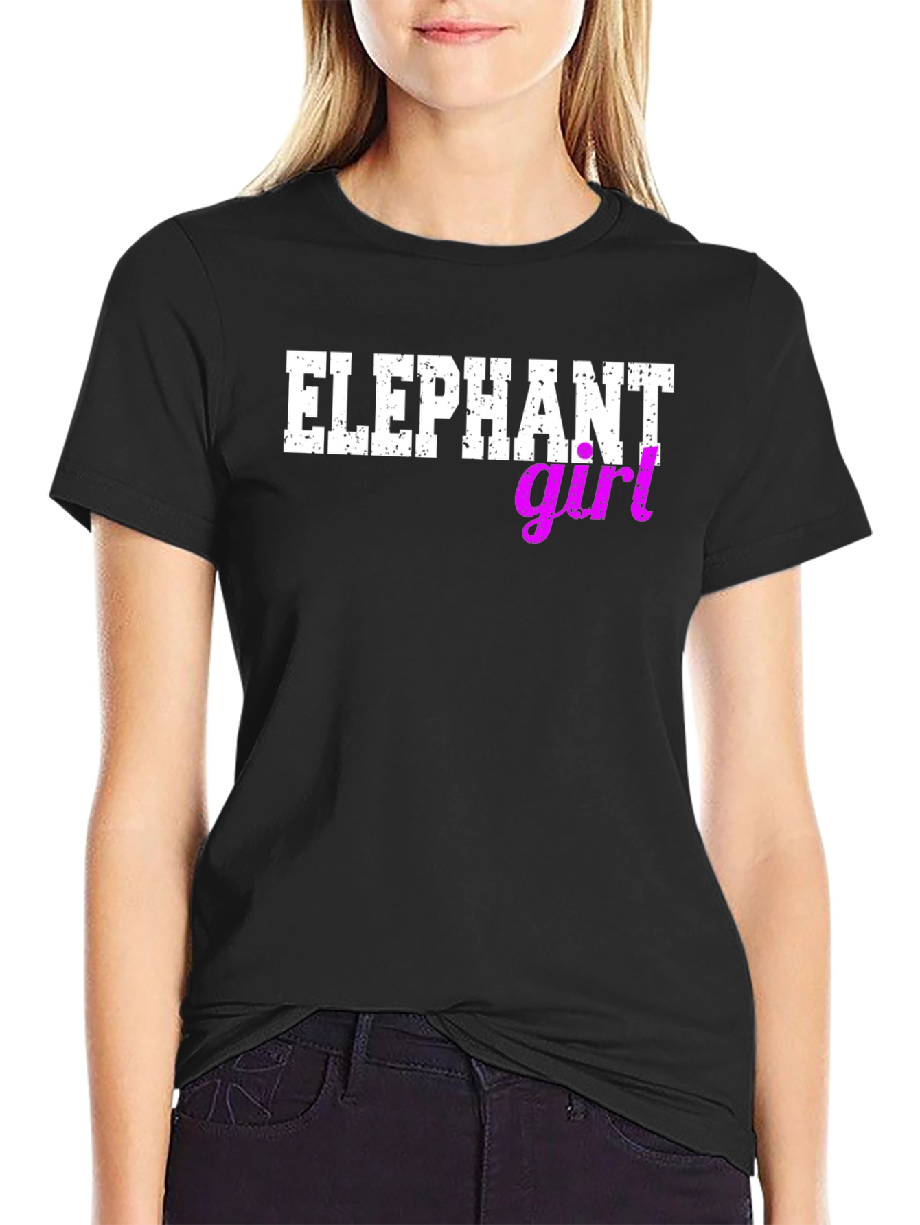 Black Elephant Girl Graphic Tee - Novelty Print Black T-Shirt view 2