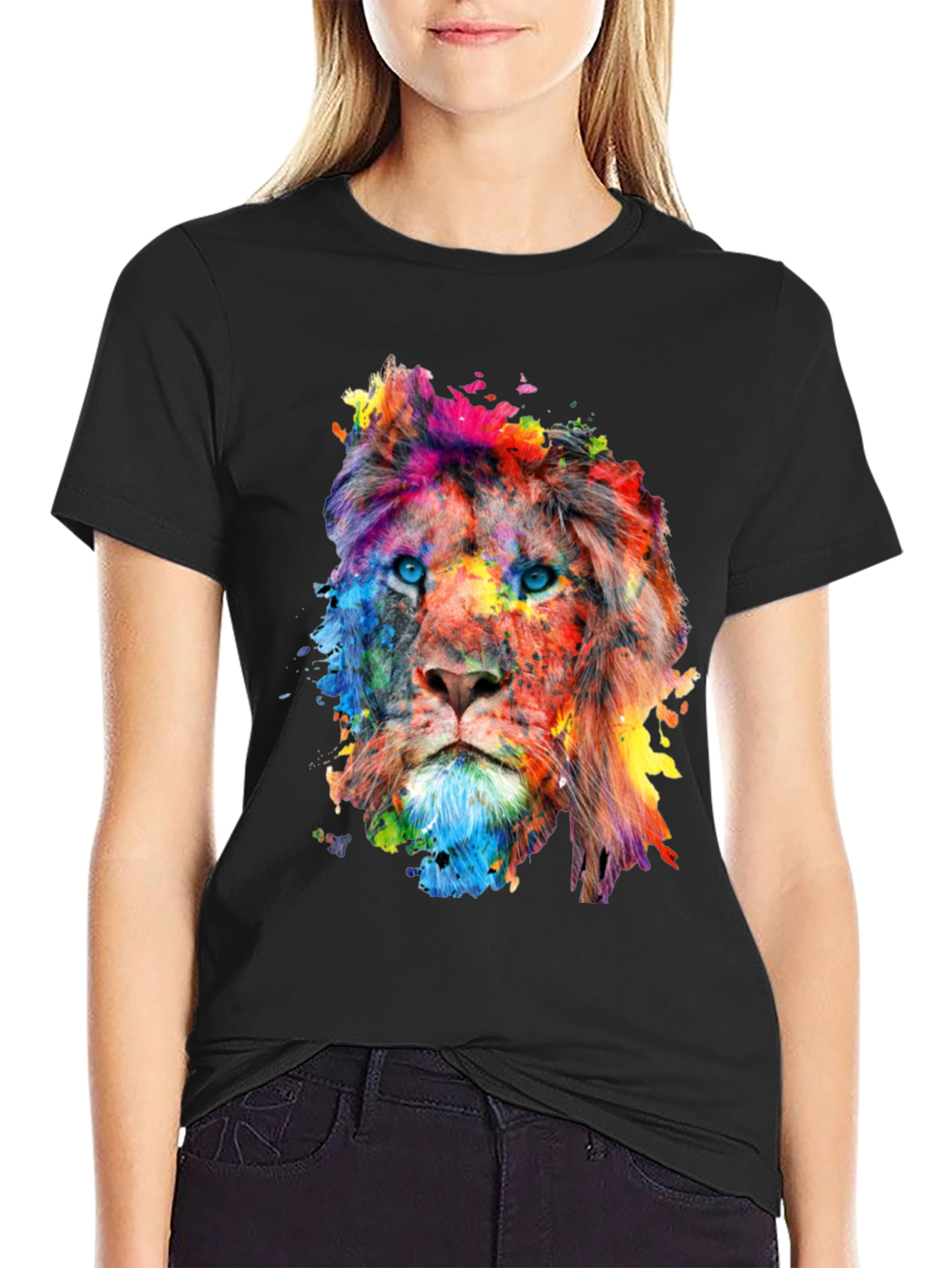 Black Colorful Lion Graphic Print Men's Black T-Shirt view 2