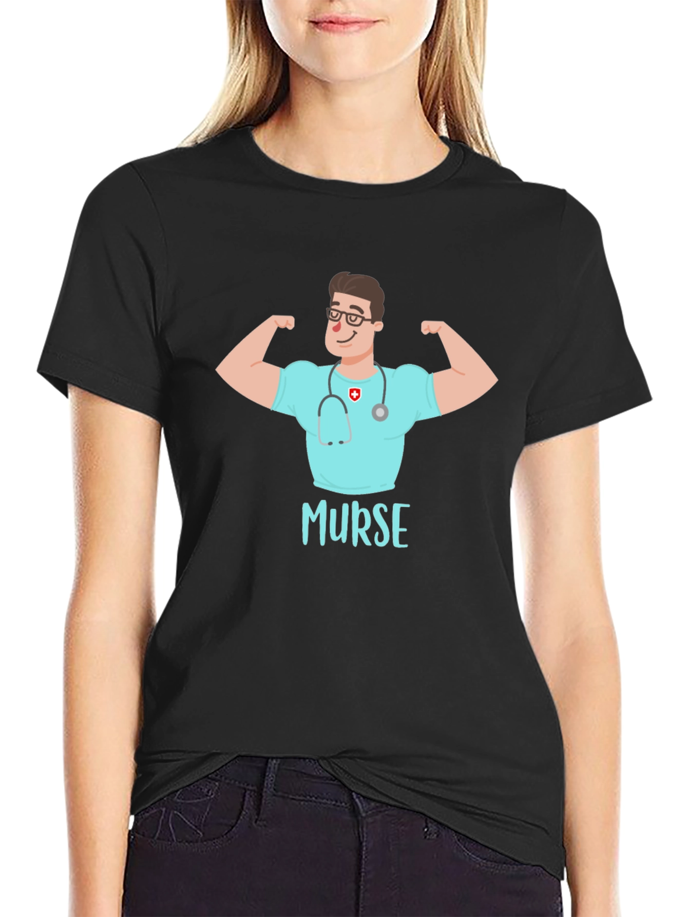 Black Murse T-Shirt - Muscular Nurse Cartoon Tee view 2