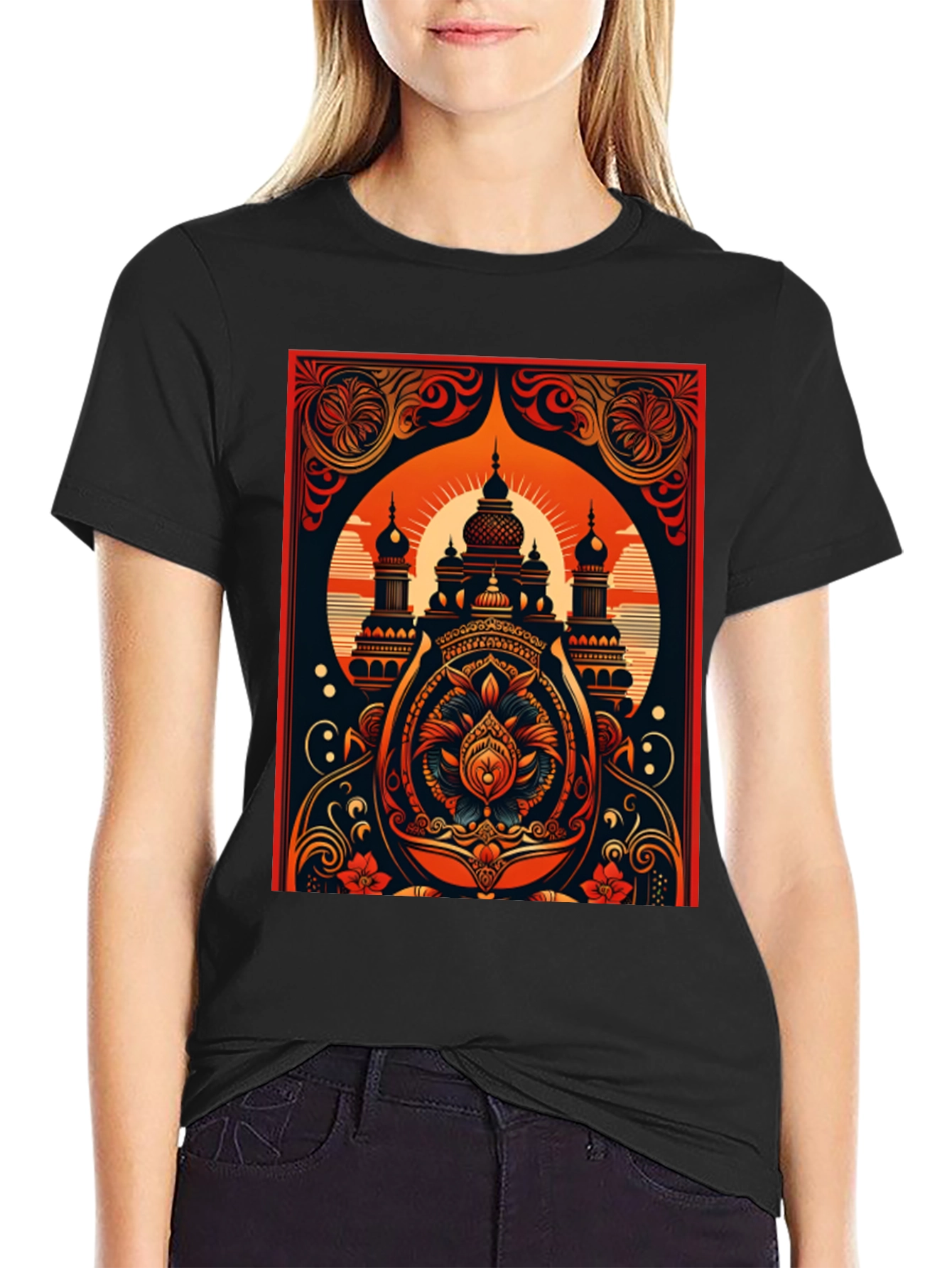 Black Ornate Temple Graphic Tee - Black Cotton Comfort view 2
