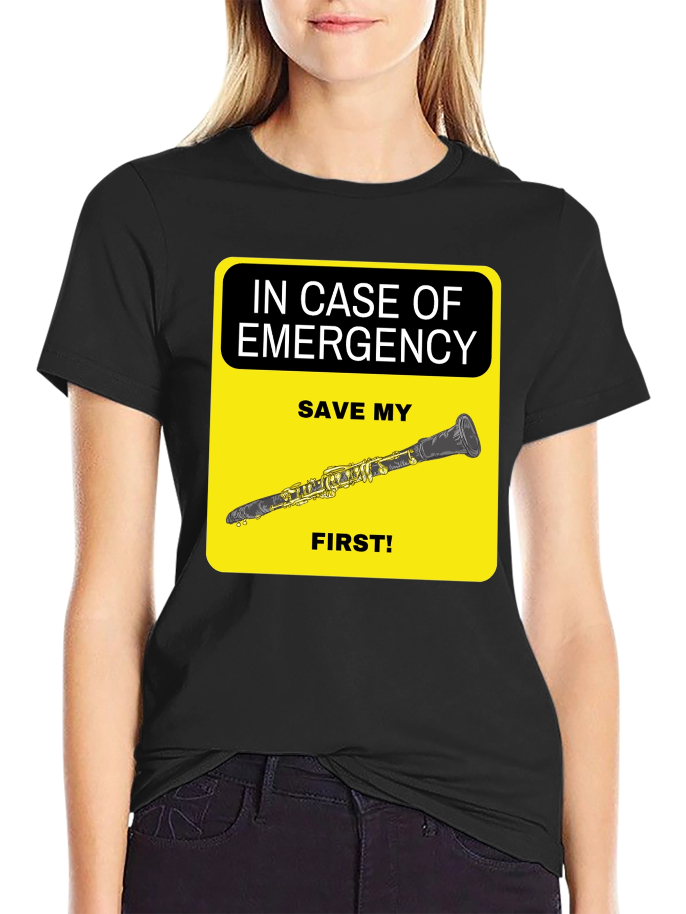 Black Emergency Clarinet T-Shirt - Save My Clarinet First! view 2