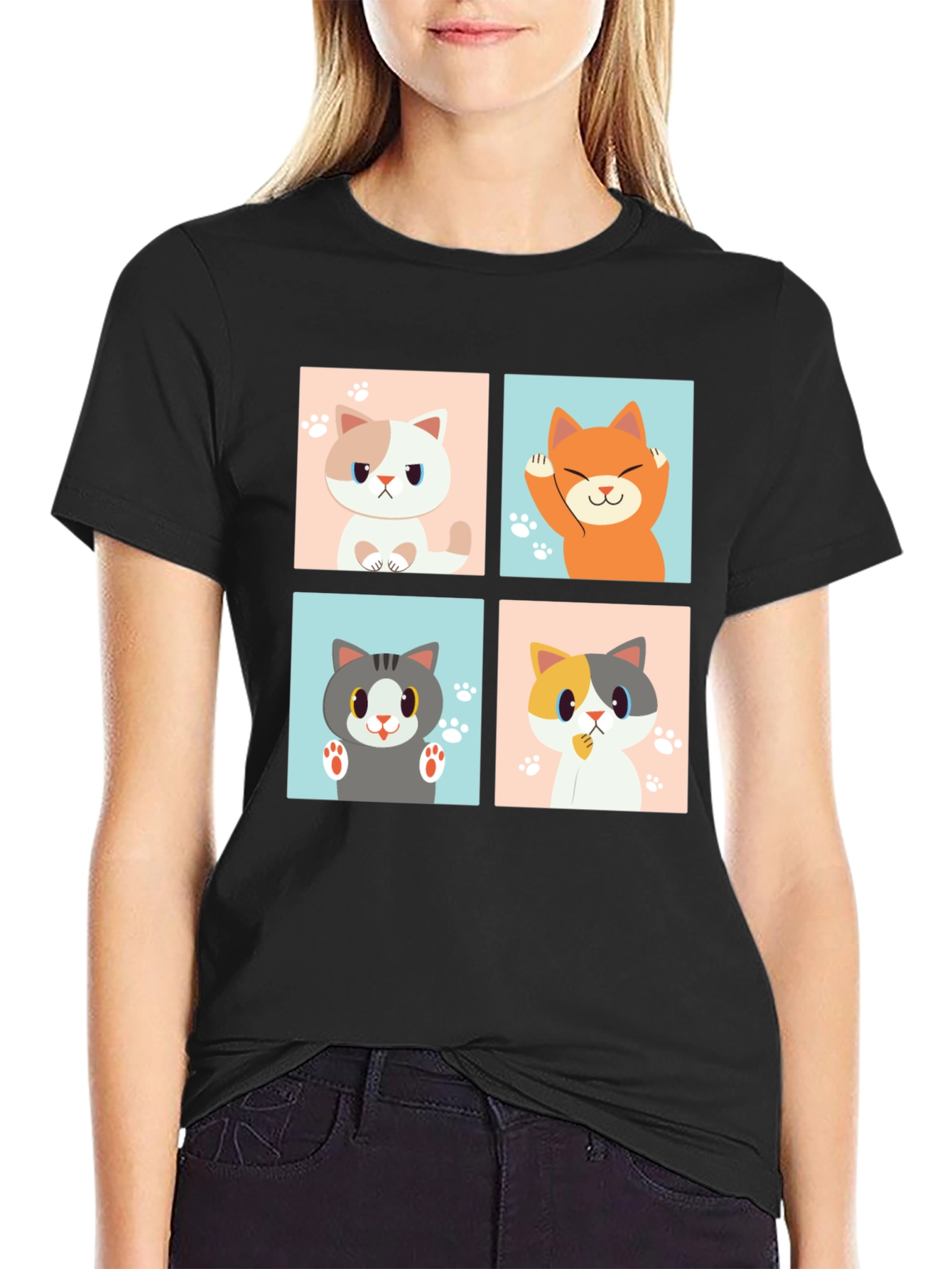 Black Cat Lover Tee: Cartoon Cat Block Print view 2