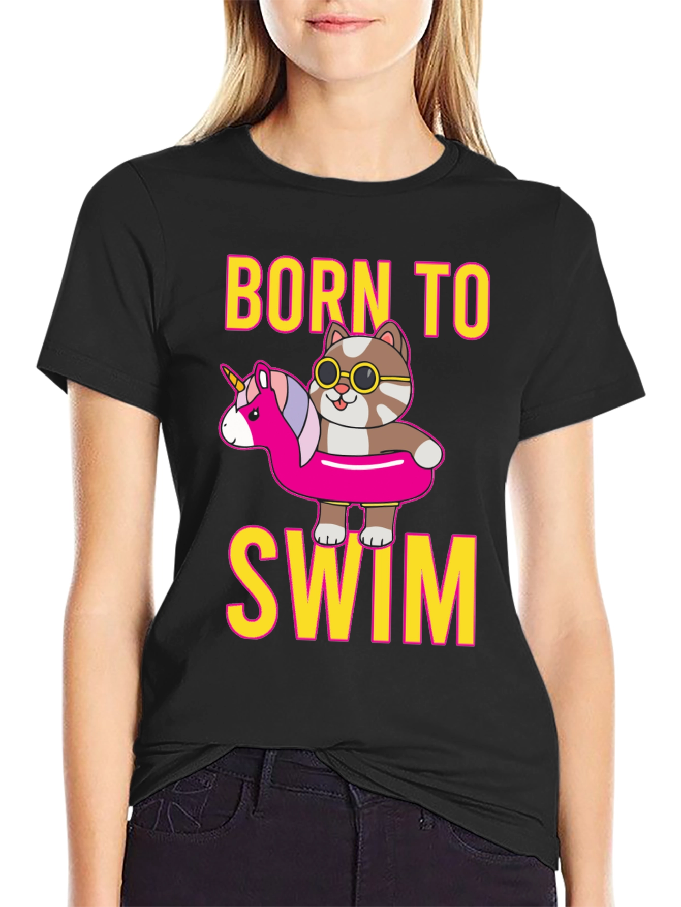 Black Born To Swim Cat T-Shirt  view 2