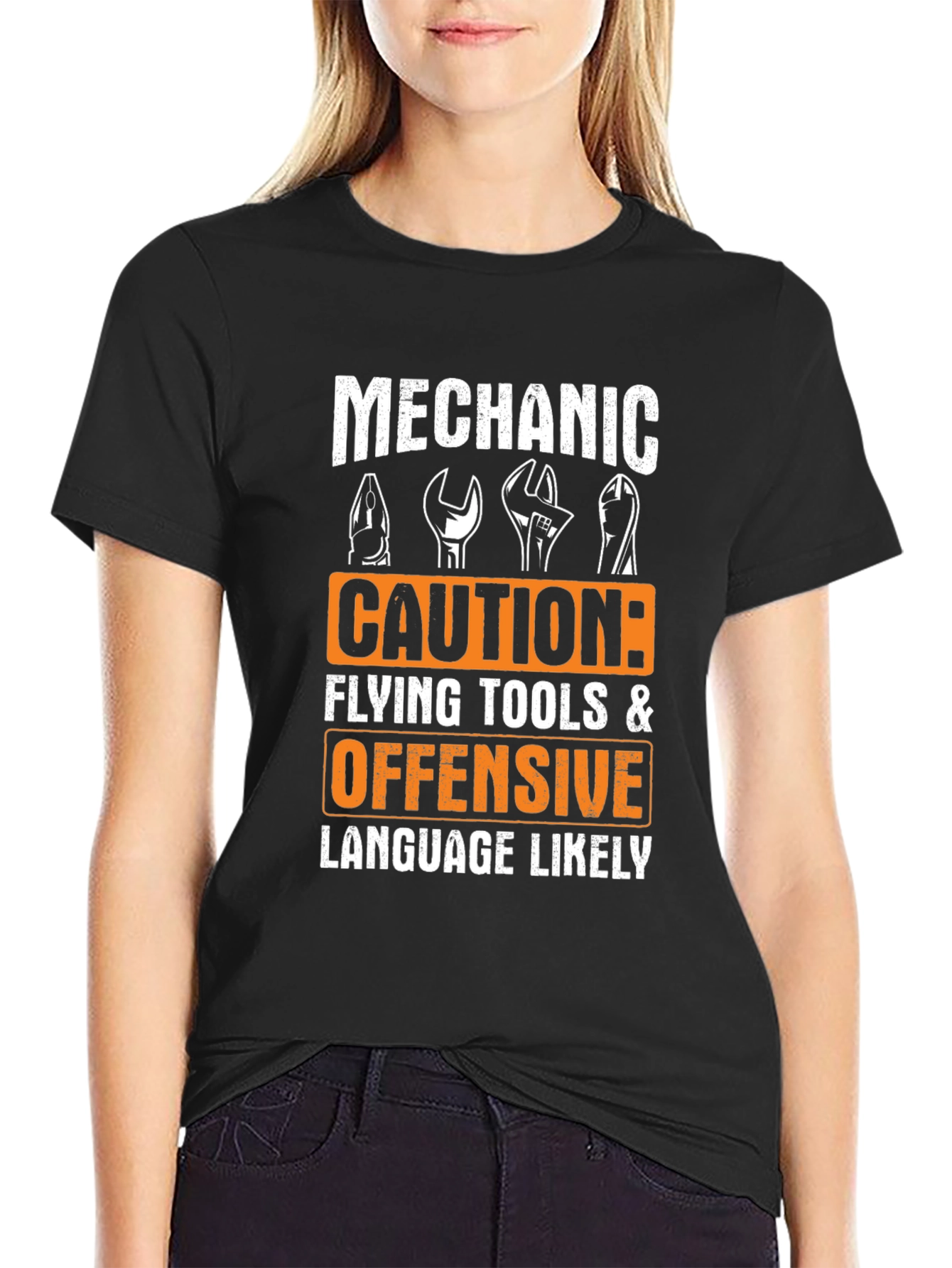 Black Mechanic Caution Offensive Language T-Shirt view 2