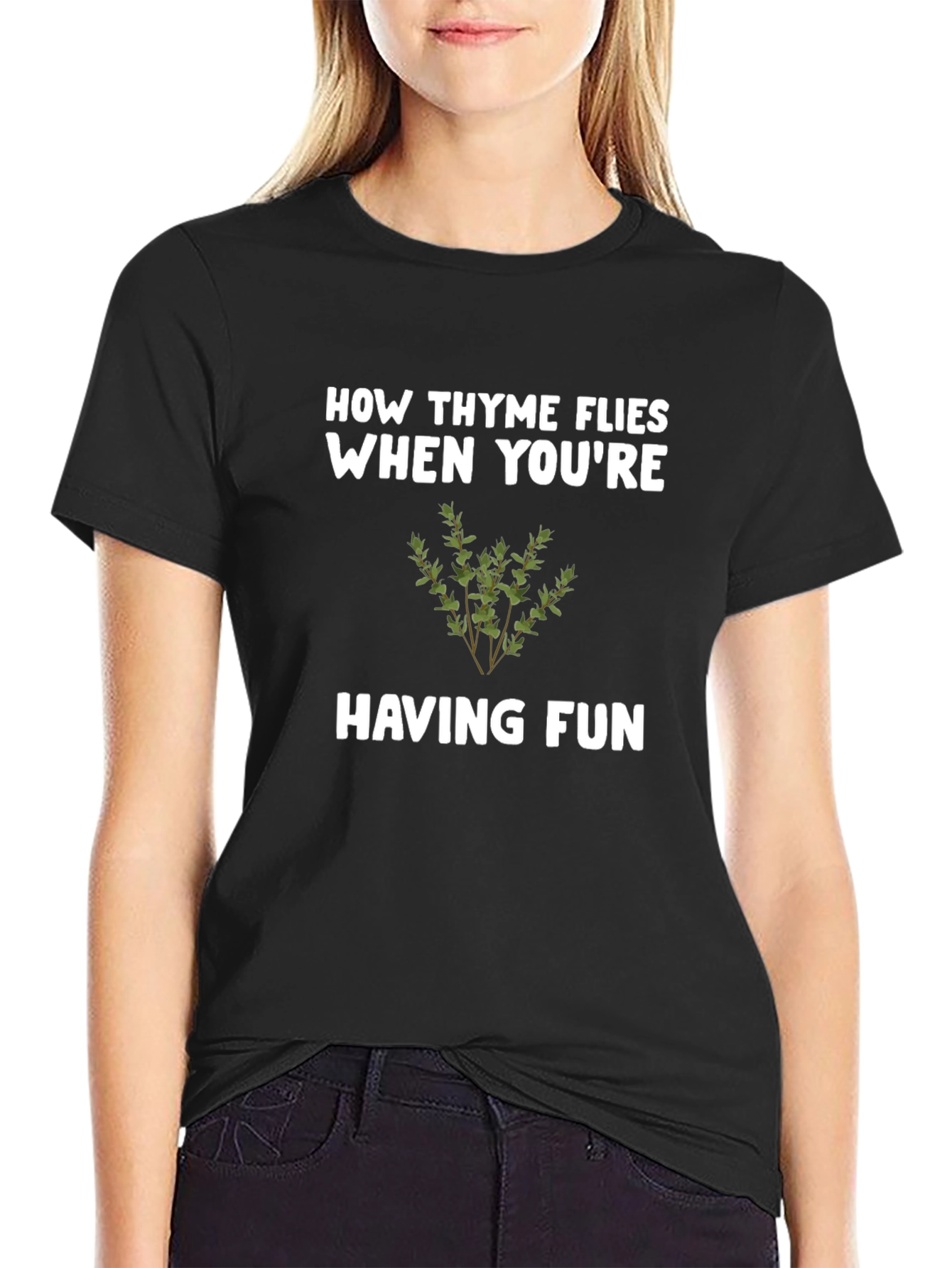 Black How Thyme Flies T-Shirt - Funny Herb Pun Tee view 2