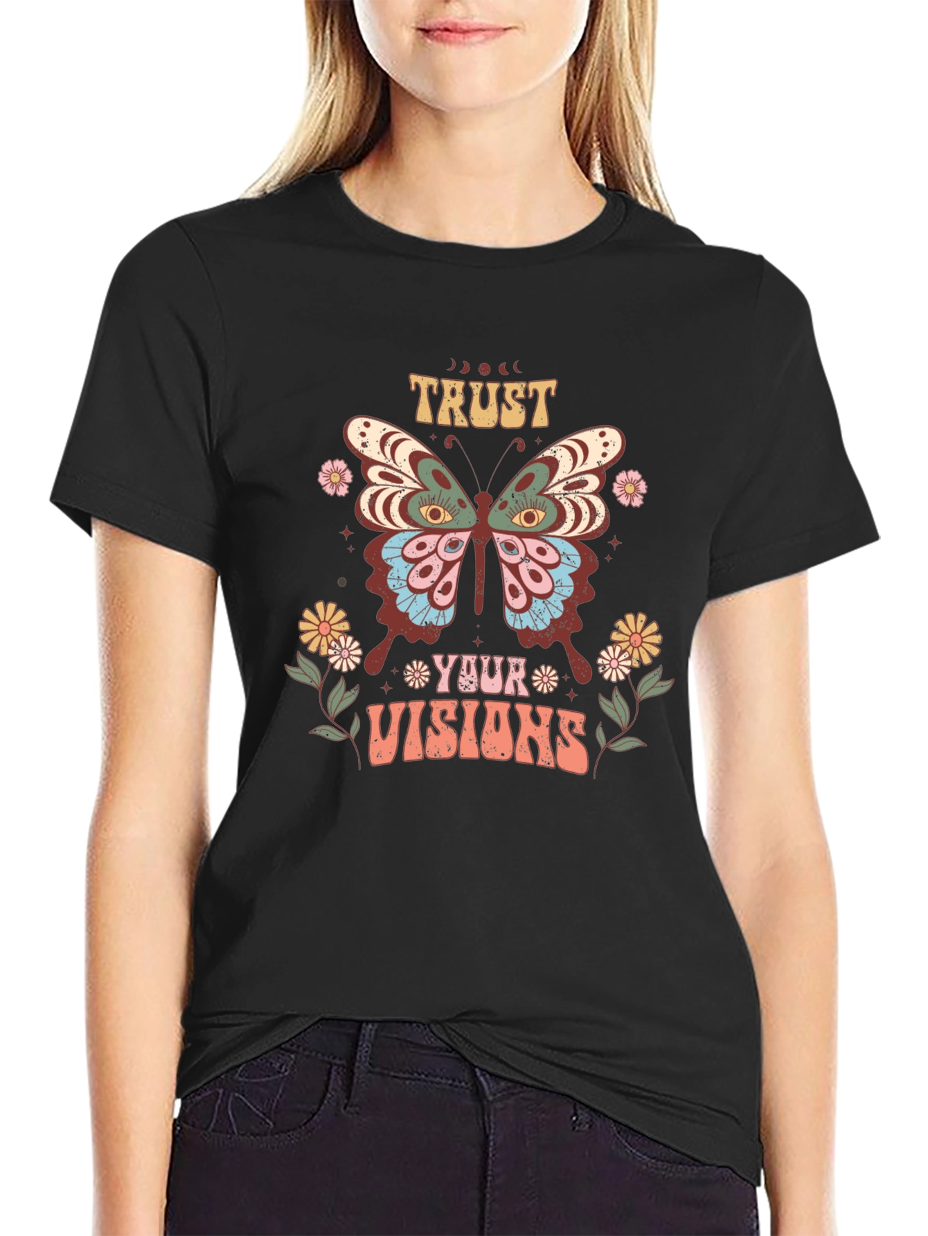 Black Trust Your Visions Butterfly Graphic T-Shirt view 2